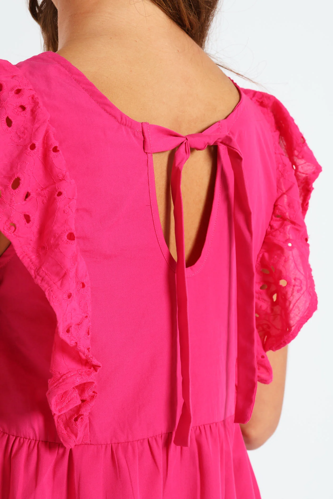 Anglaise Combo Frill Sleeve Mini Dress - Cerise - Image 5