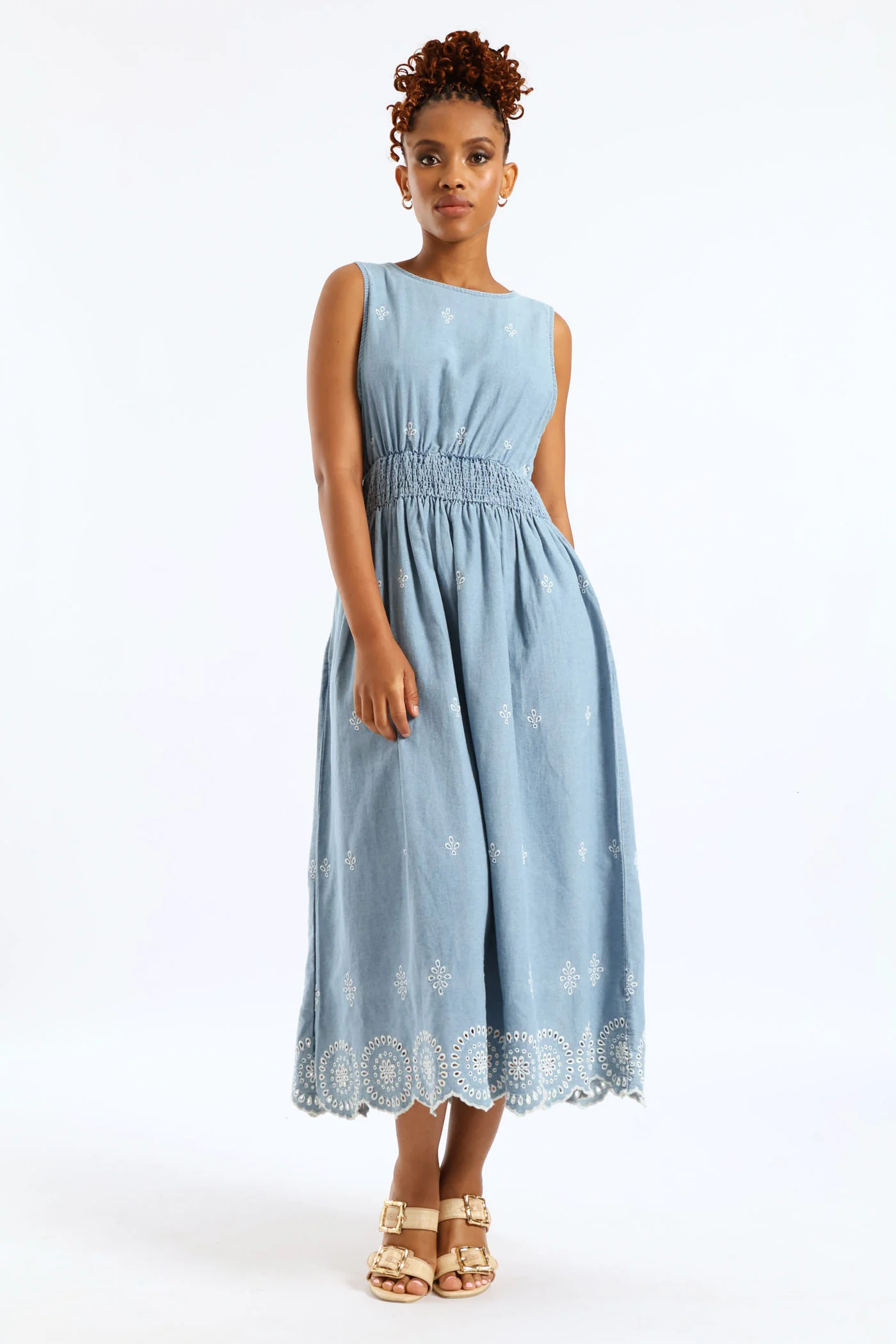 Anglaise Detail Shirred Waist Fit & Flare Midi Dress - Light Wash - Image 8