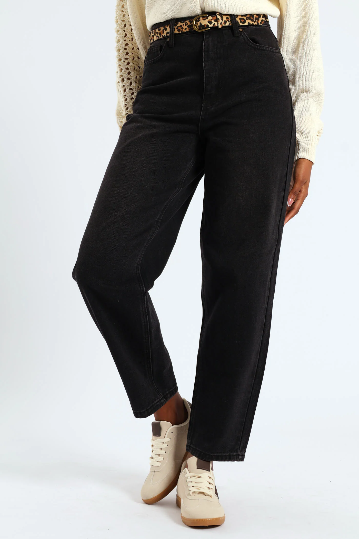 Animal Print Belted Hi-Rise Tapered Leg Denim - Black - Image 2