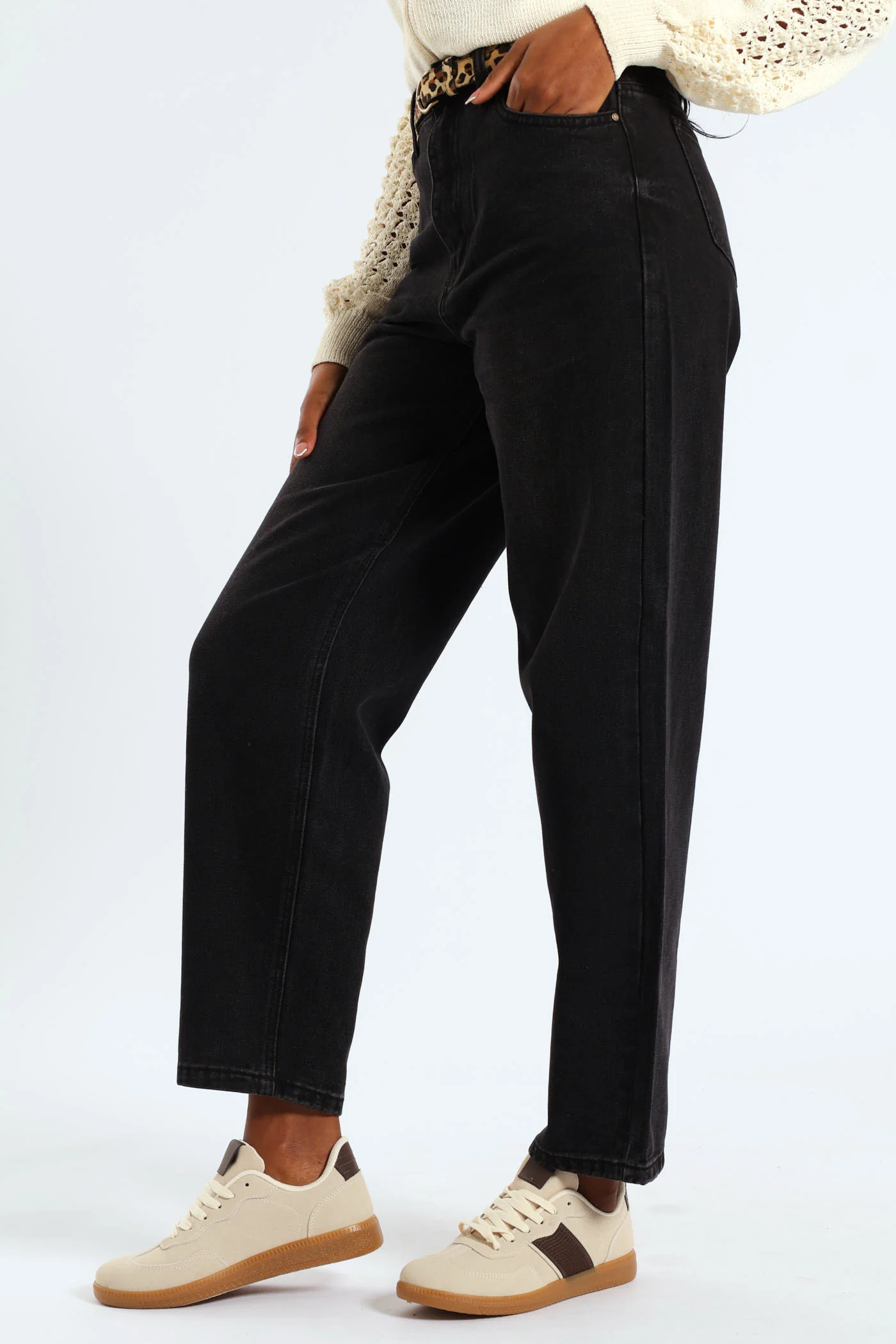 Animal Print Belted Hi-Rise Tapered Leg Denim - Black - Image 4