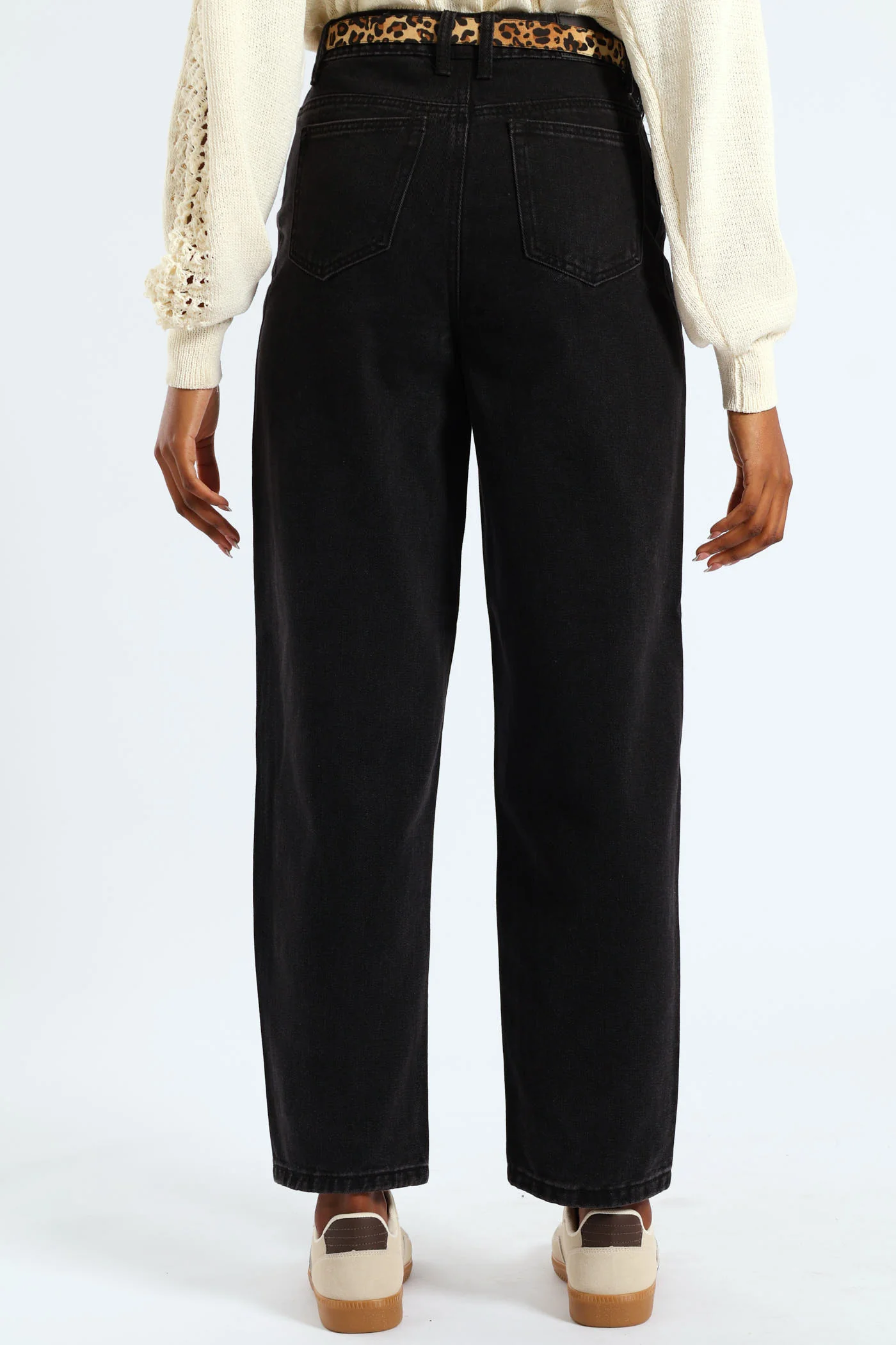 Animal Print Belted Hi-Rise Tapered Leg Denim - Black - Image 5