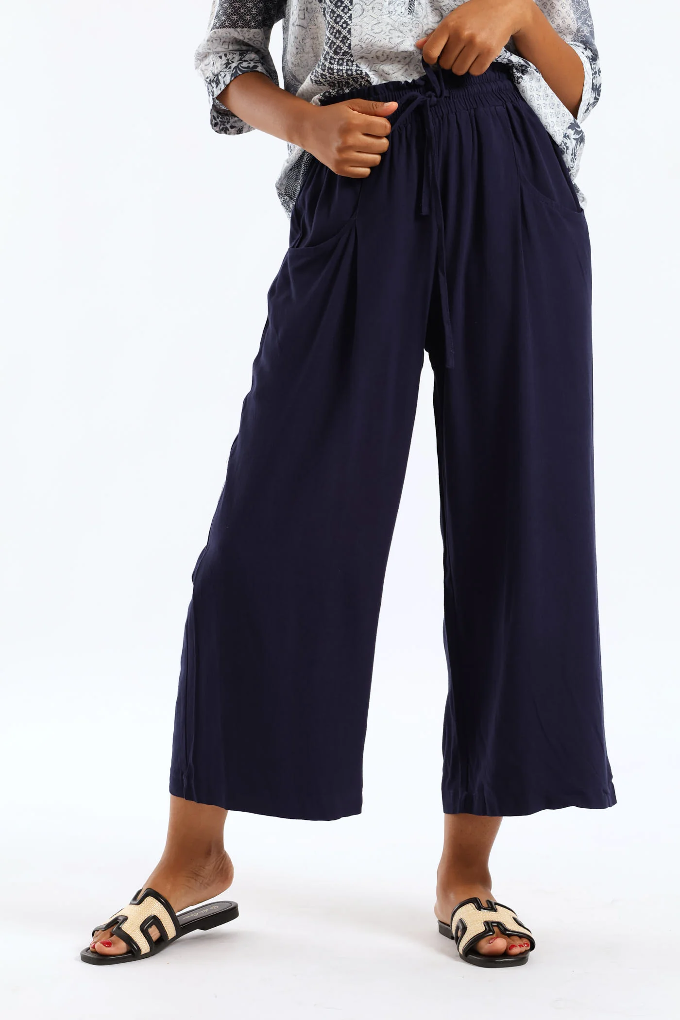 Ankle Length Tie Waist Pant - Navy - Image 2