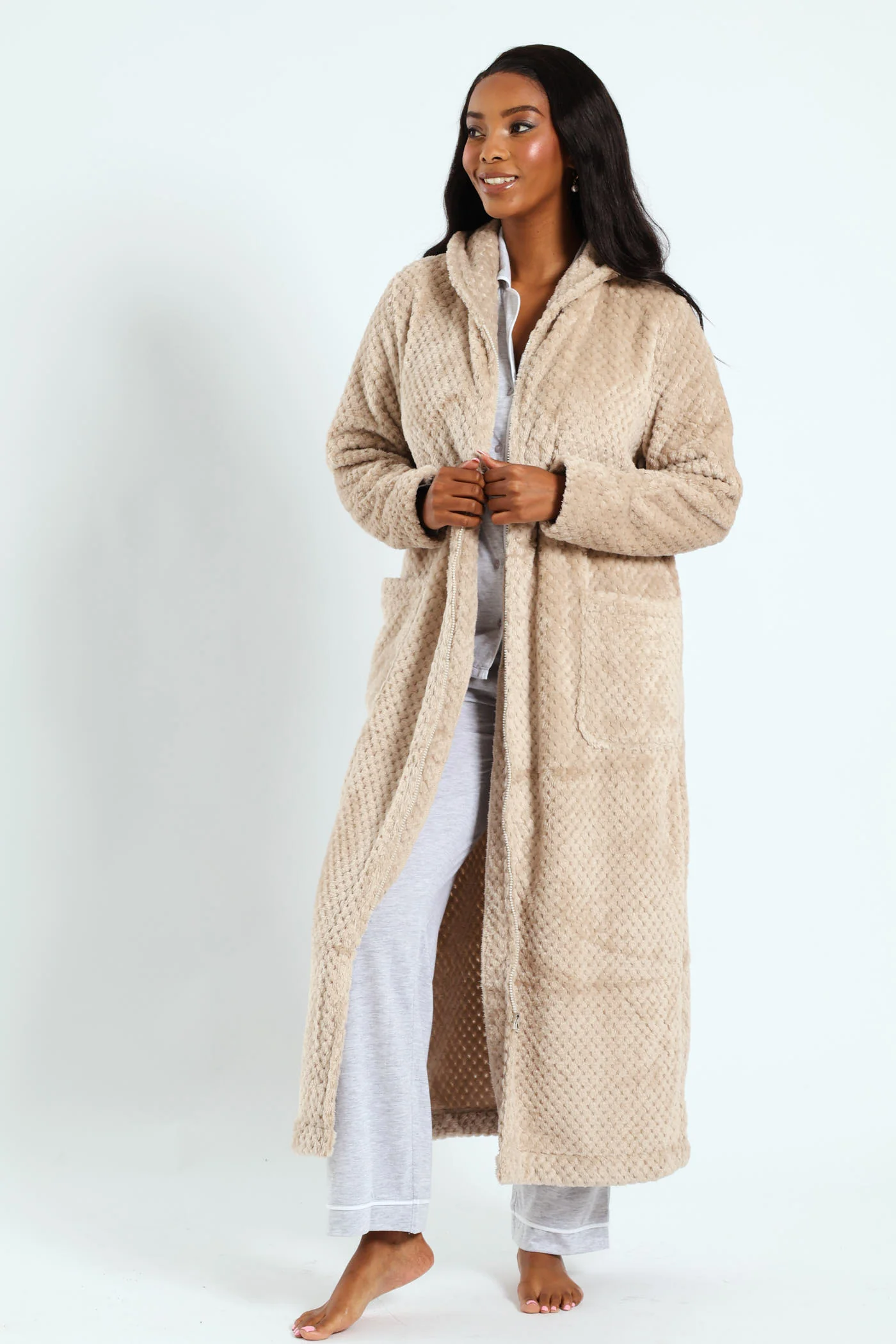 Ankle Length Zip Through Gown - Light Brown - Image 5