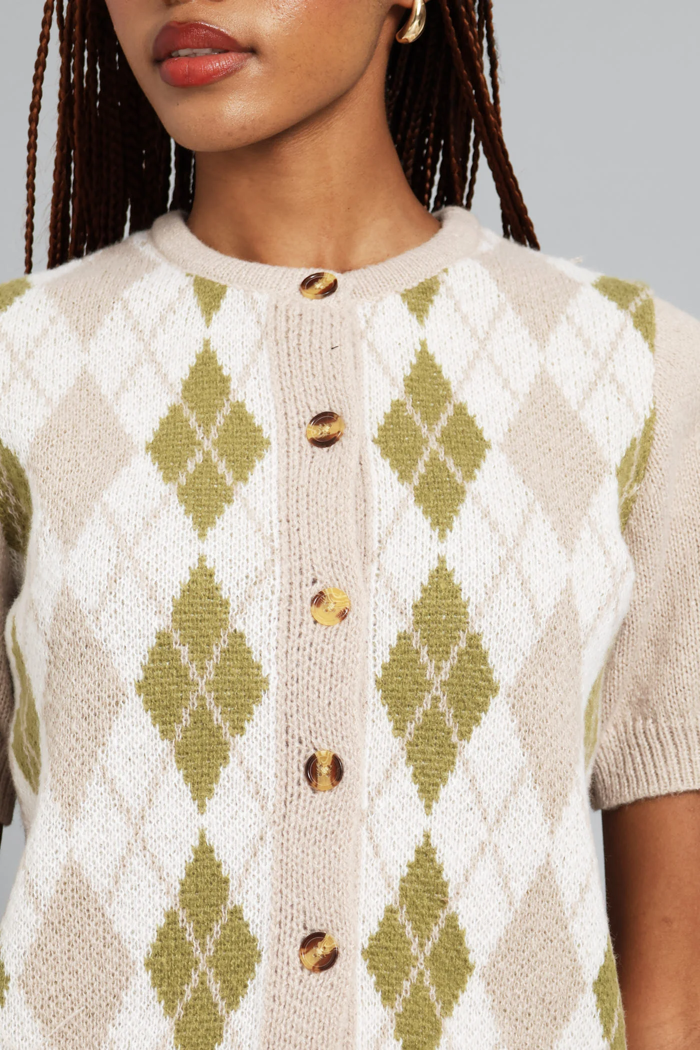 Argyle Knitwear Button Through Top - Oatmeal - Image 2