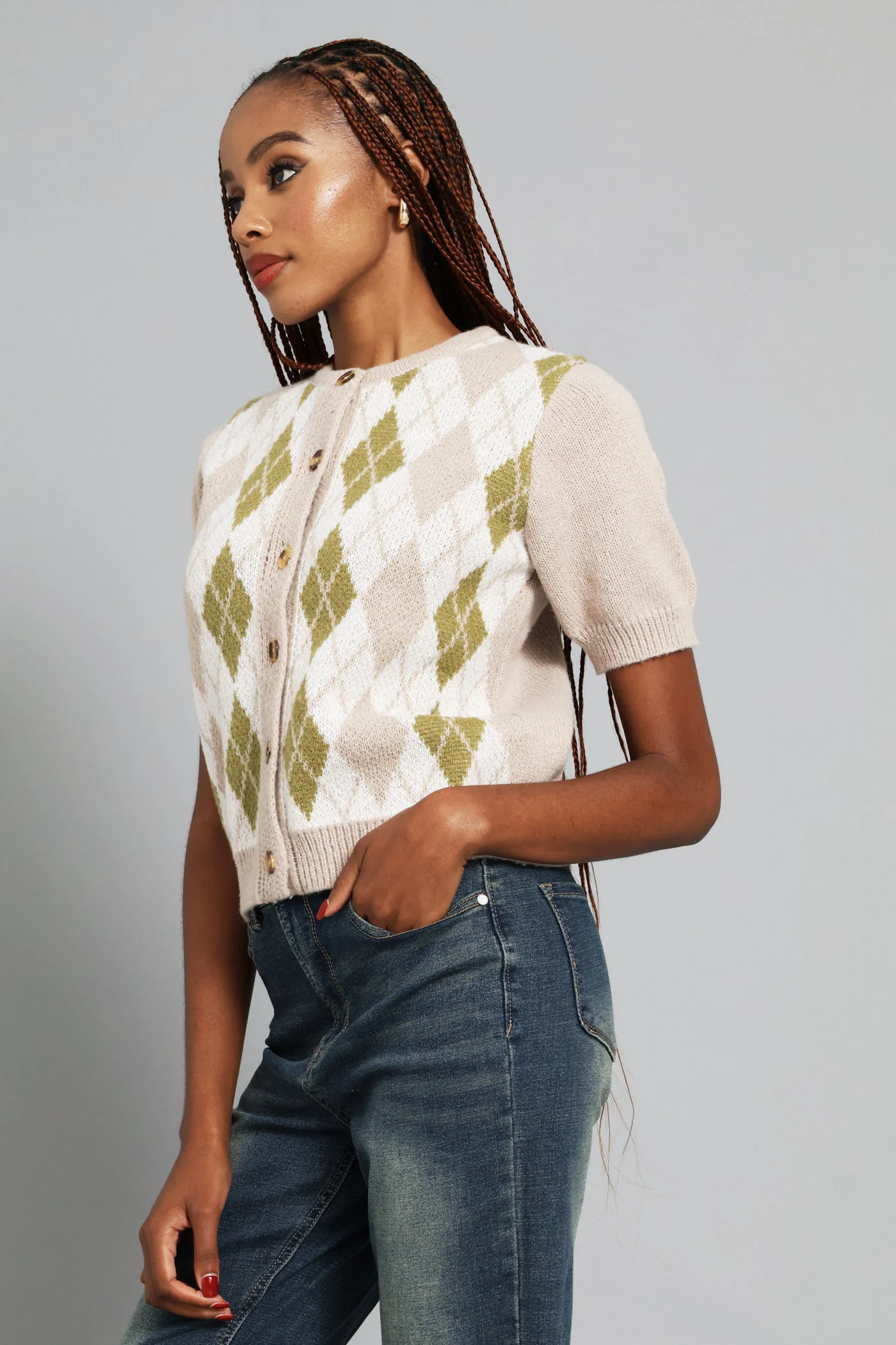 Argyle Knitwear Button Through Top - Oatmeal - Image 3