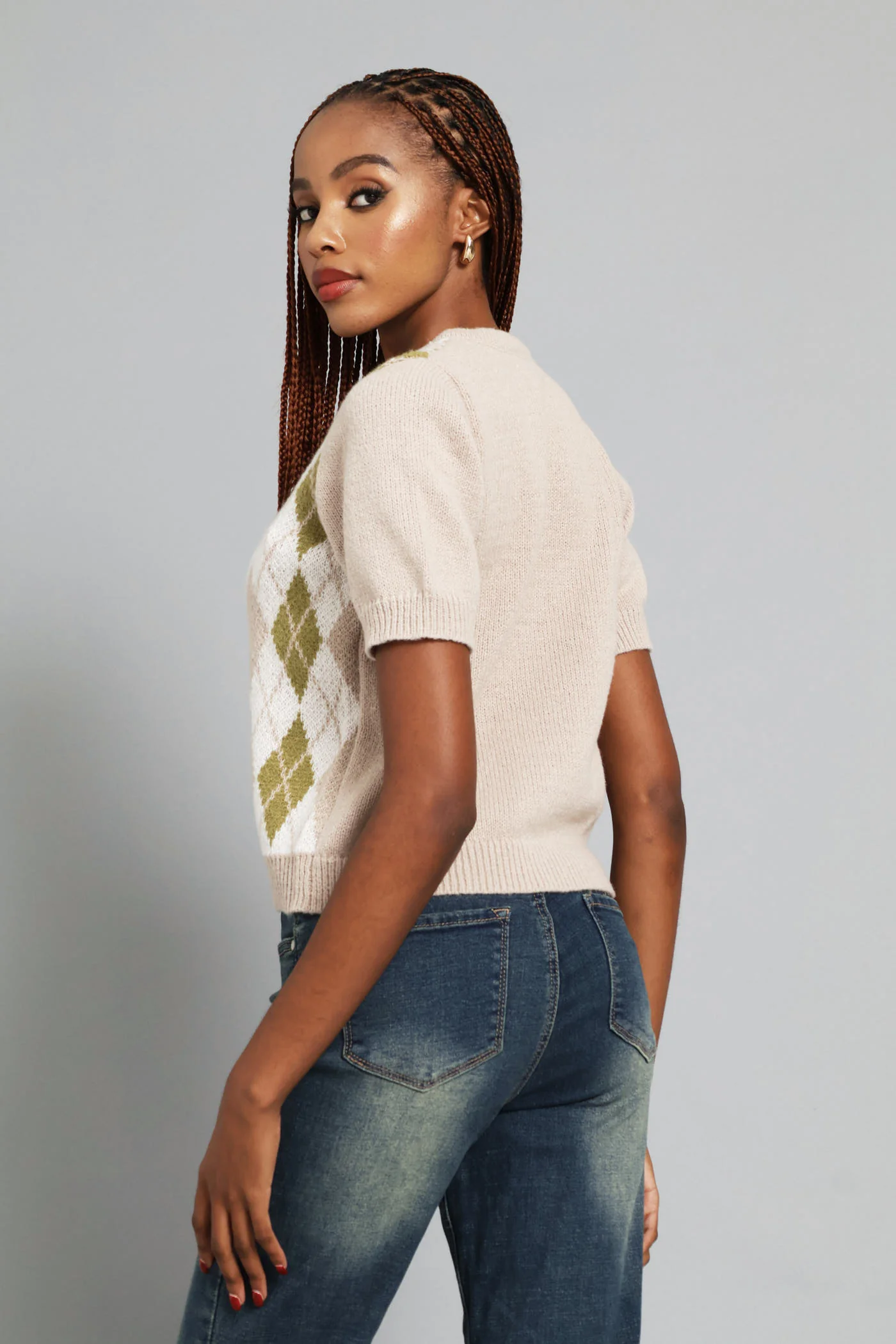 Argyle Knitwear Button Through Top - Oatmeal - Image 4