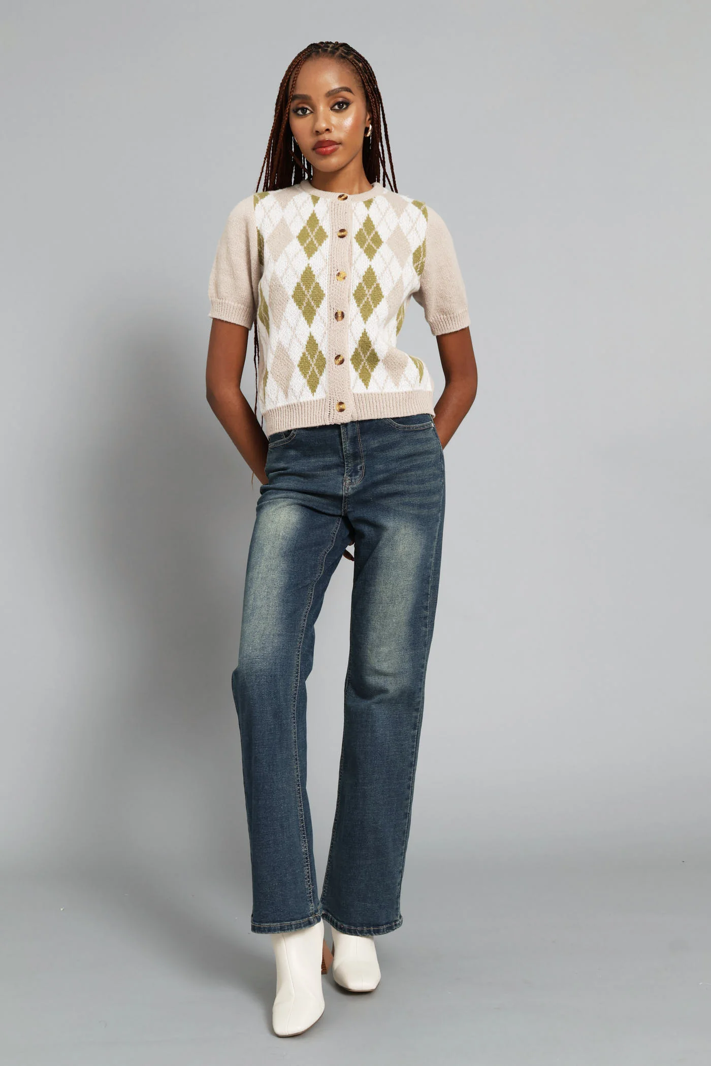 Argyle Knitwear Button Through Top - Oatmeal - Image 5