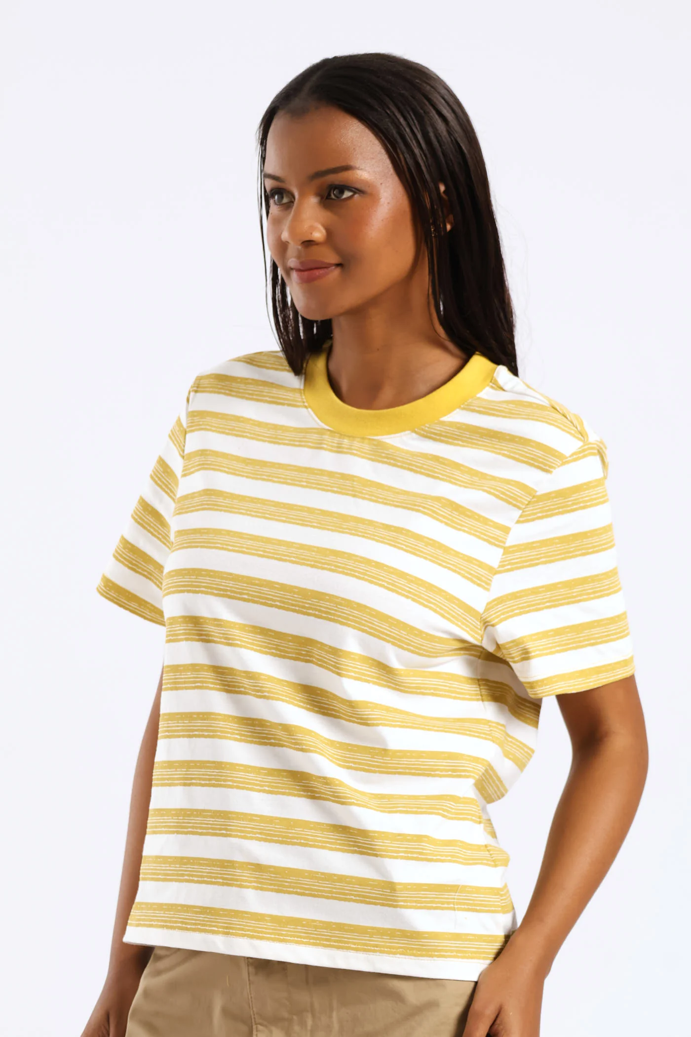 Artistic Stripe Print Boxy Tee - White/Ochre - Image 3