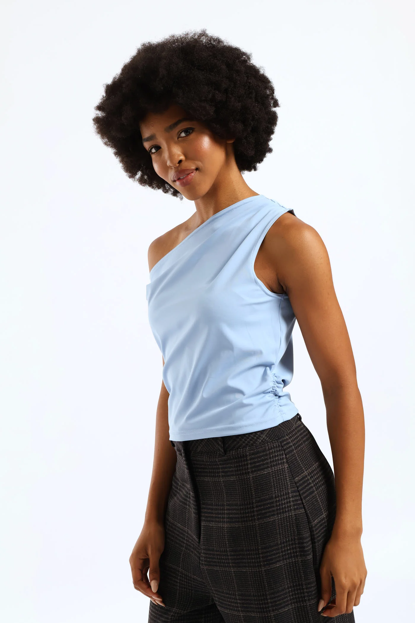 Asymmetrical Ruche Detail Top - Light Blue - Image 4
