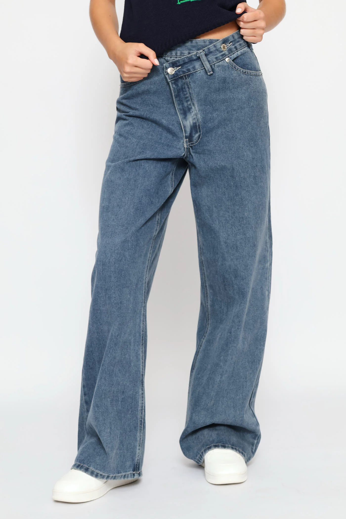 Asymetrical Waistband Wide Leg Denim - Dark Ink - Image 2