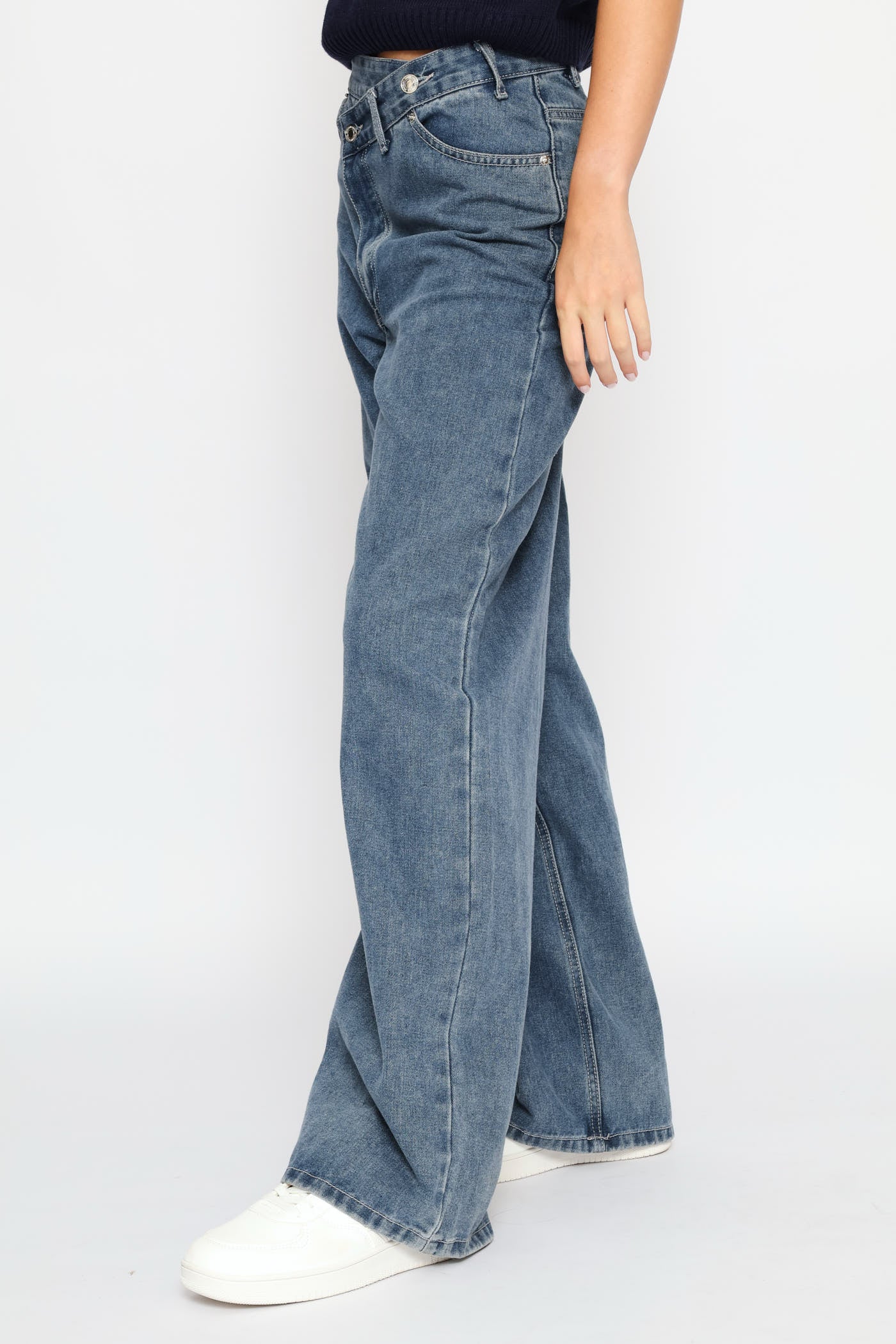 Asymetrical Waistband Wide Leg Denim - Dark Ink - Image 3