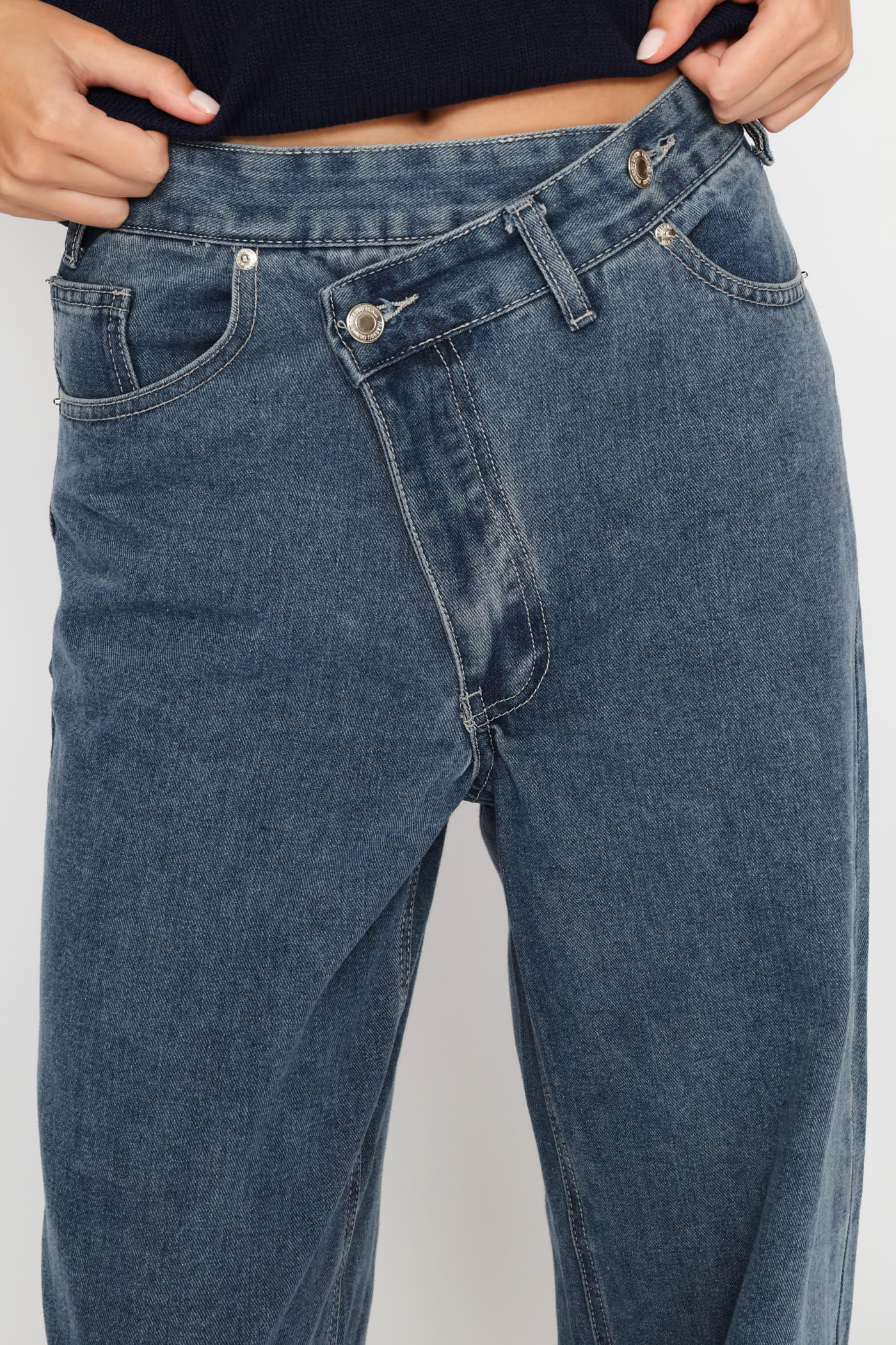 Asymetrical Waistband Wide Leg Denim - Dark Ink - Image 5