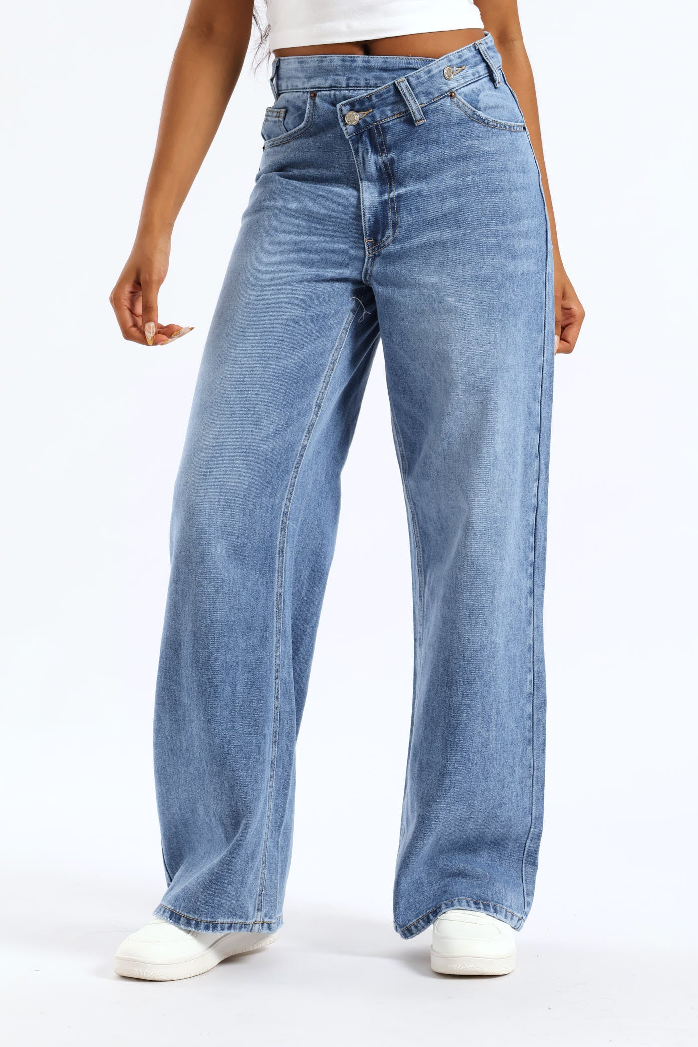 Asymmetrical Waistband Wide Leg Denim - Salty Mid Wash - Image 2