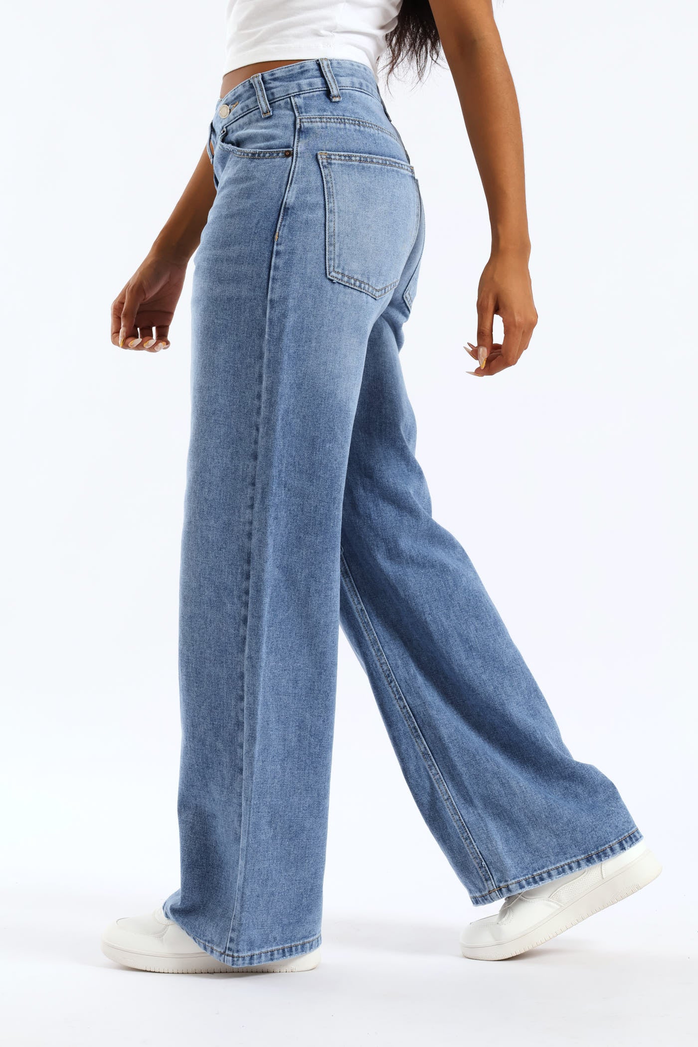 Asymmetrical Waistband Wide Leg Denim - Salty Mid Wash - Image 3