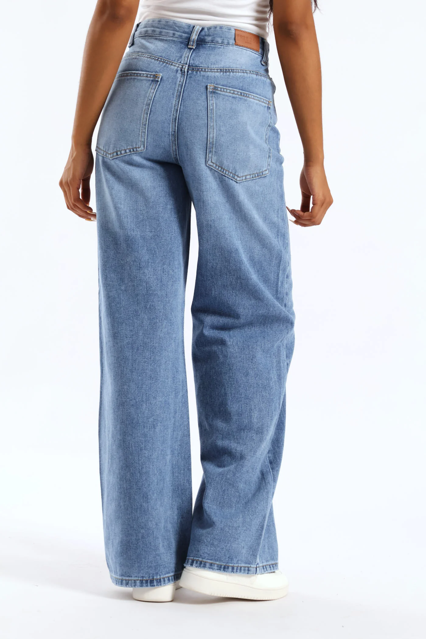 Asymmetrical Waistband Wide Leg Denim - Salty Mid Wash - Image 4