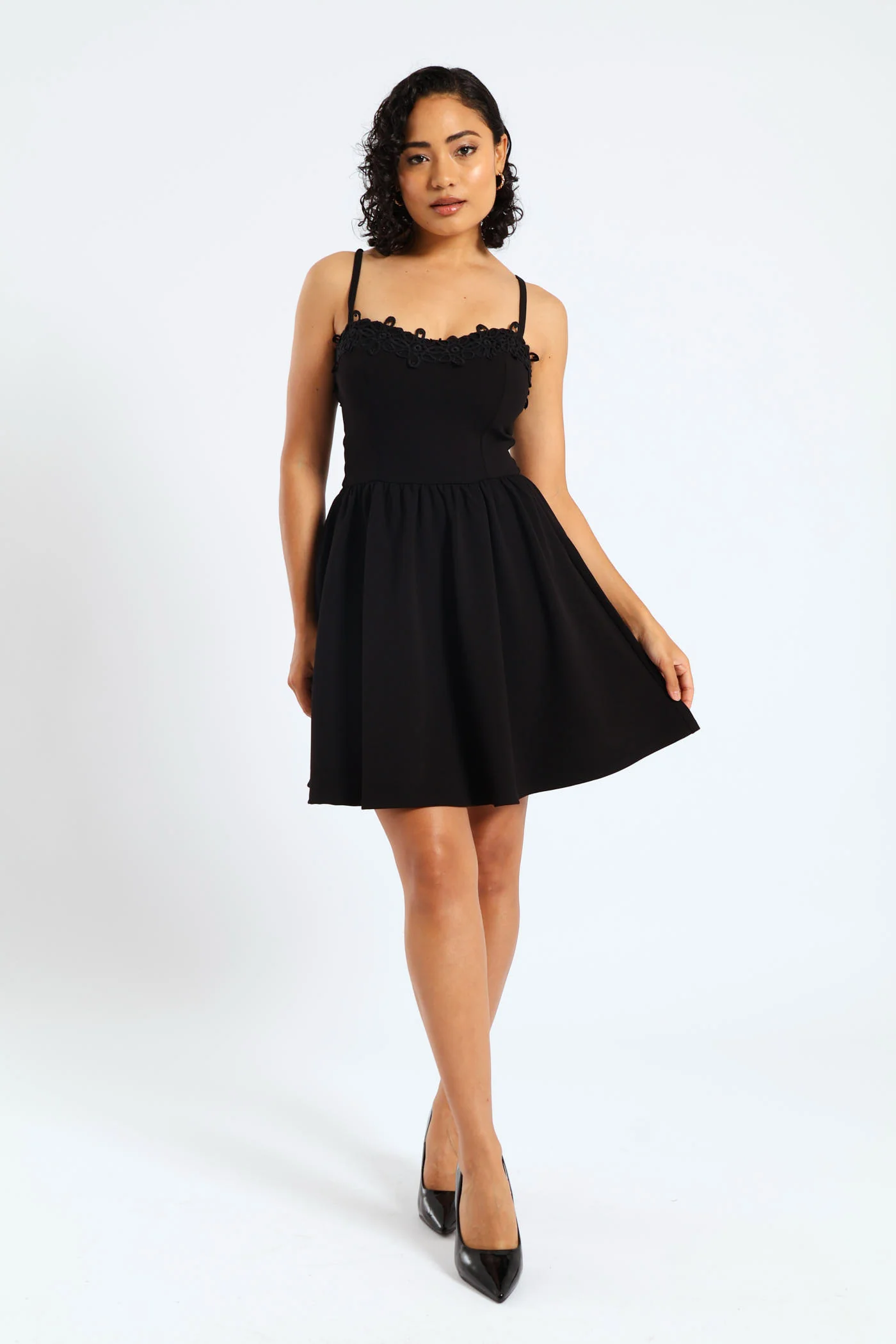 Asymmetric Ruffle Skirt & Crochet Mini Dress - Black - Image 2
