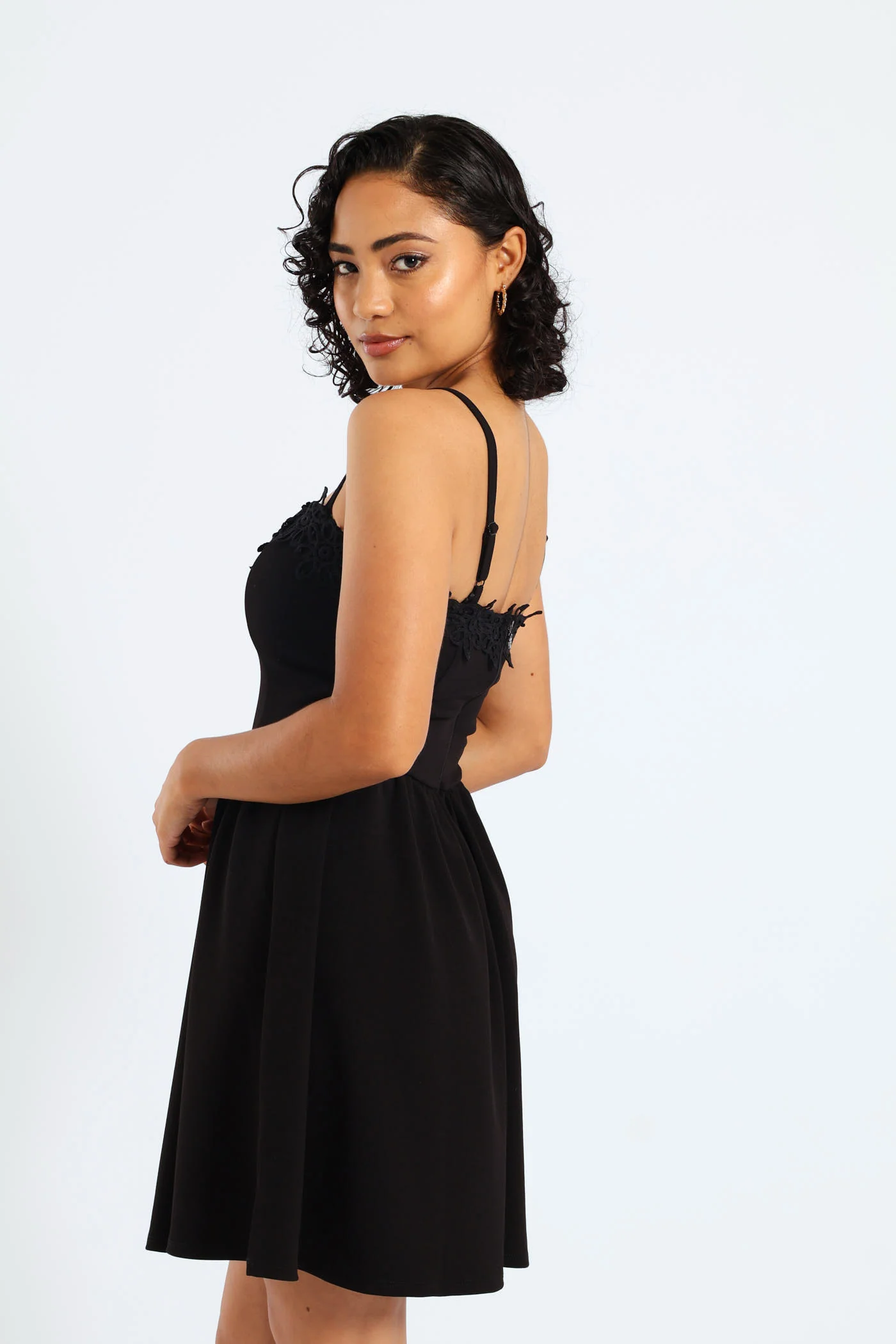 Asymmetric Ruffle Skirt & Crochet Mini Dress - Black - Image 3