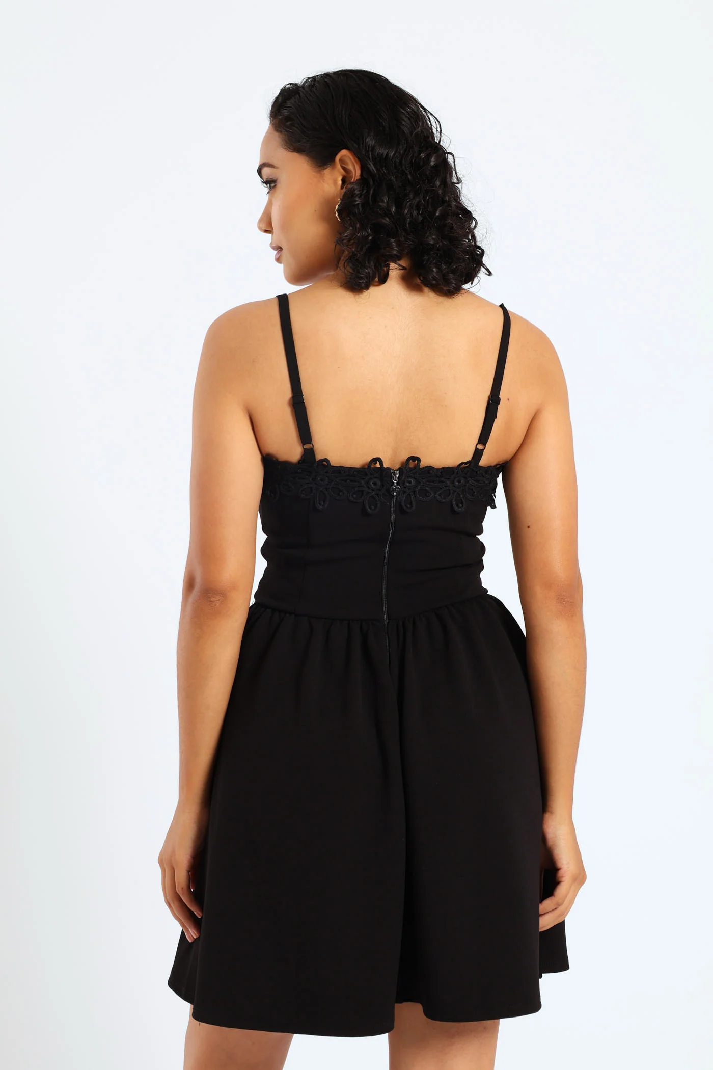 Asymmetric Ruffle Skirt & Crochet Mini Dress - Black - Image 4