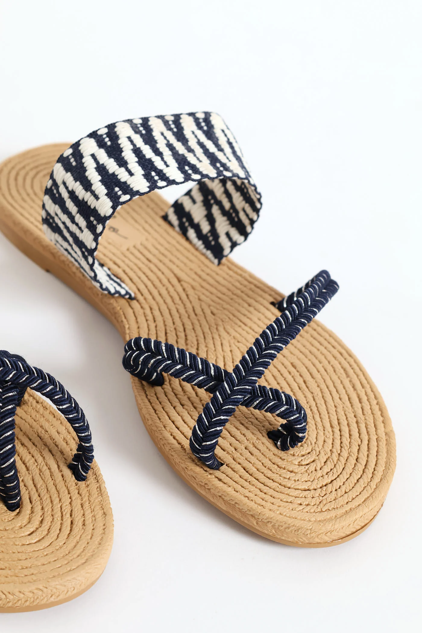Aztec Print Toe Post Sandal - Navy/White - Image 3