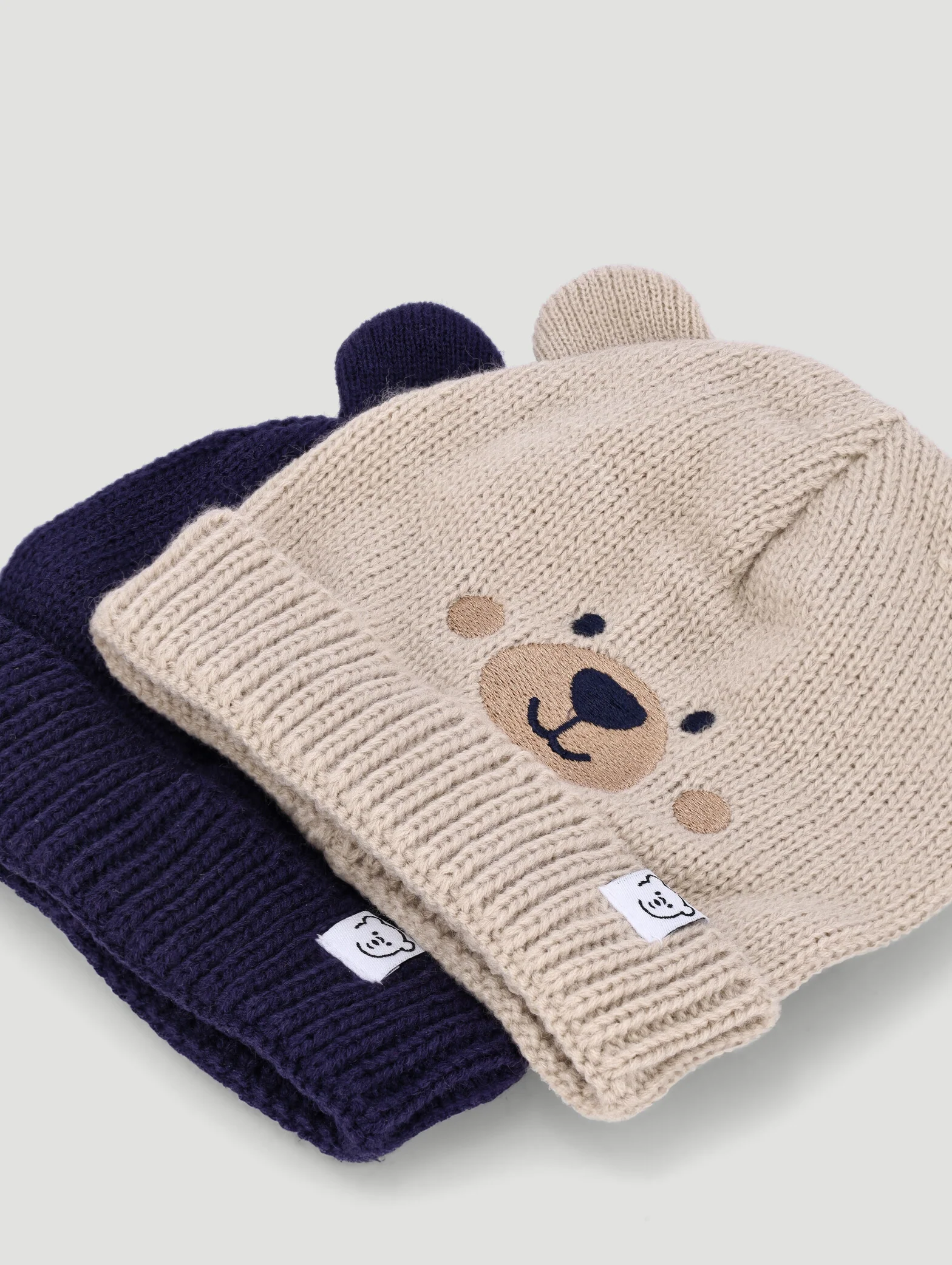 Baby Boys 2 Pack Bear Beanie - Stone/Navy - Image 2