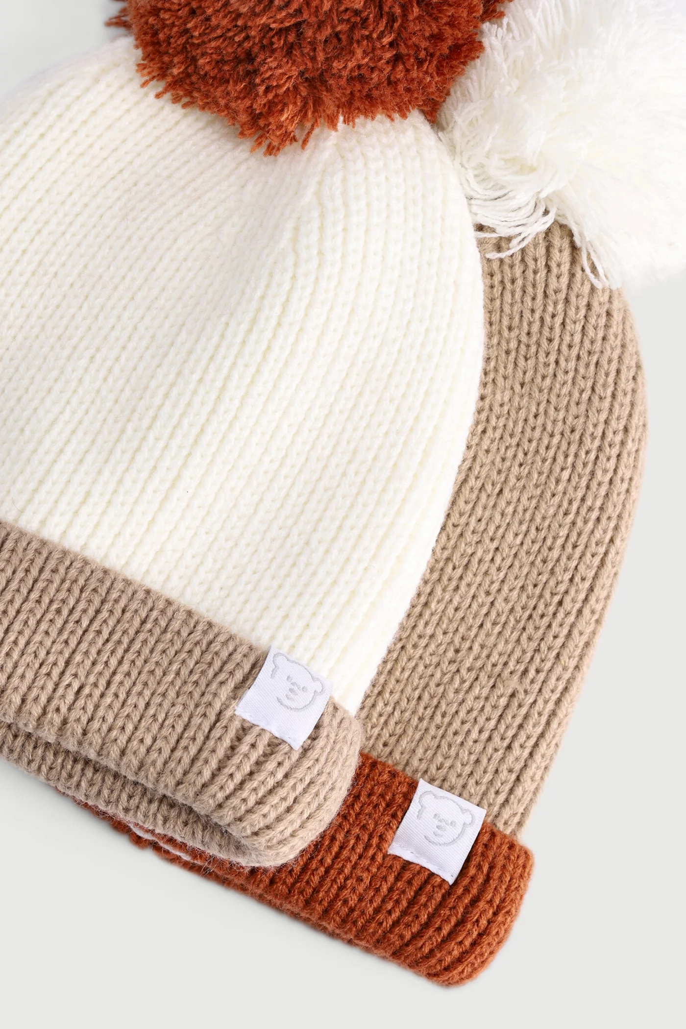 Baby Boys 2 Pack Colour Block Pom Pom Beanie - Nude - Image 2