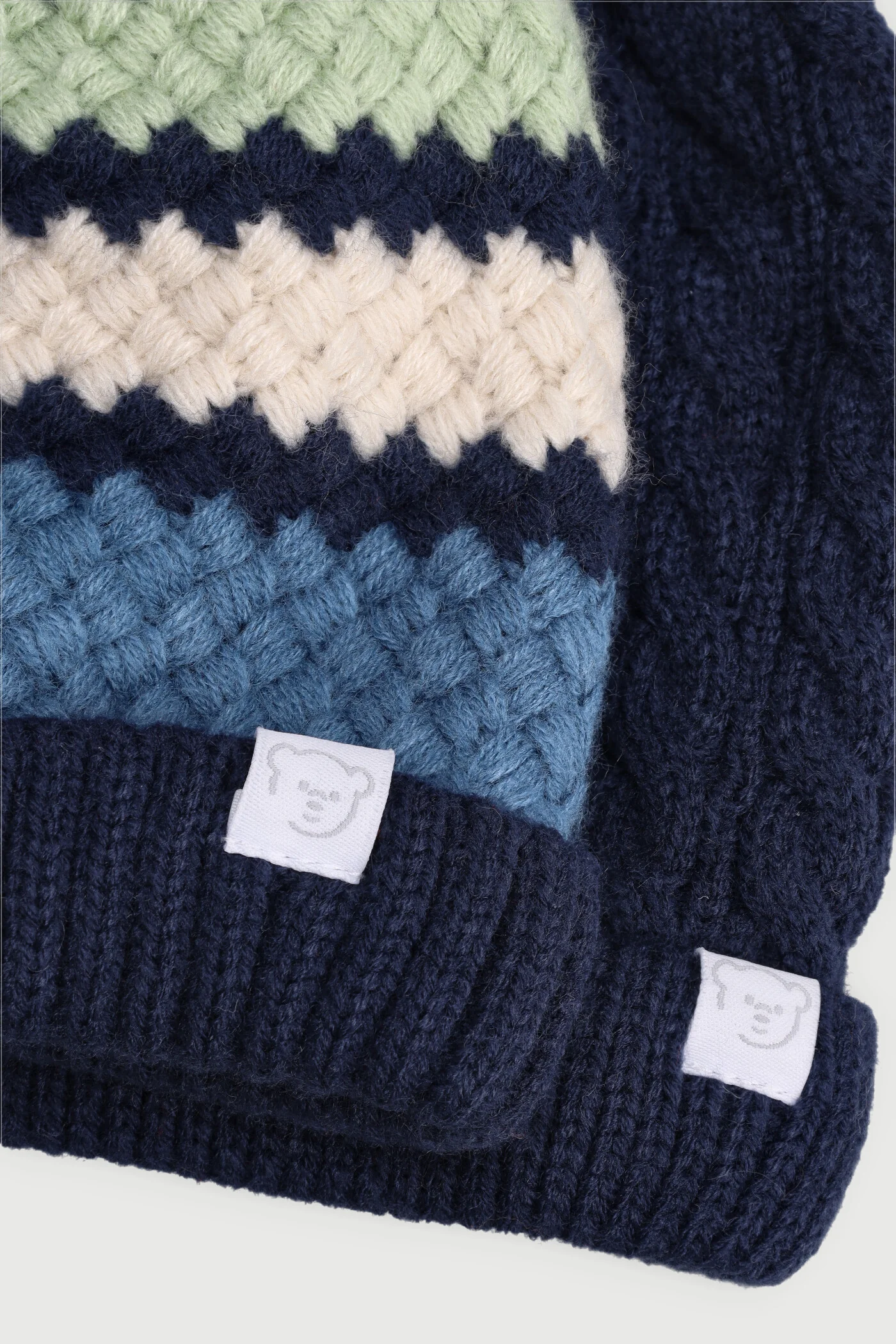 Baby Boys 2 Pack Pom Pom Multi Stripe Beanie - Navy - Image 2