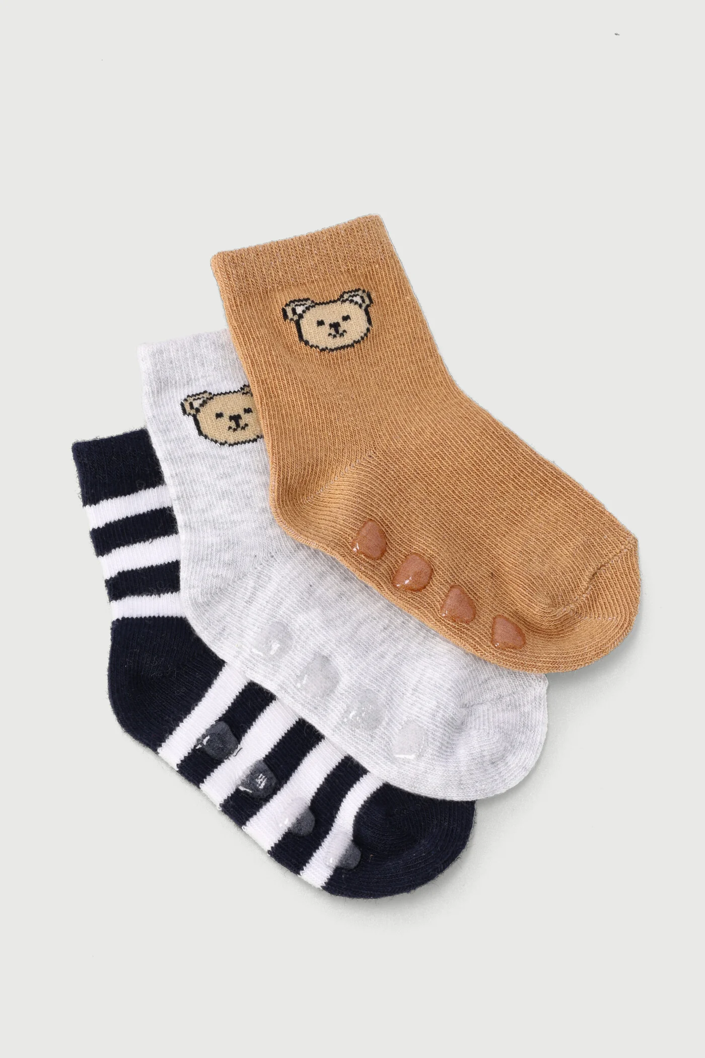 Baby Boys 3 Pack Cotton Textured Socks - Navy/Beige - Image 2