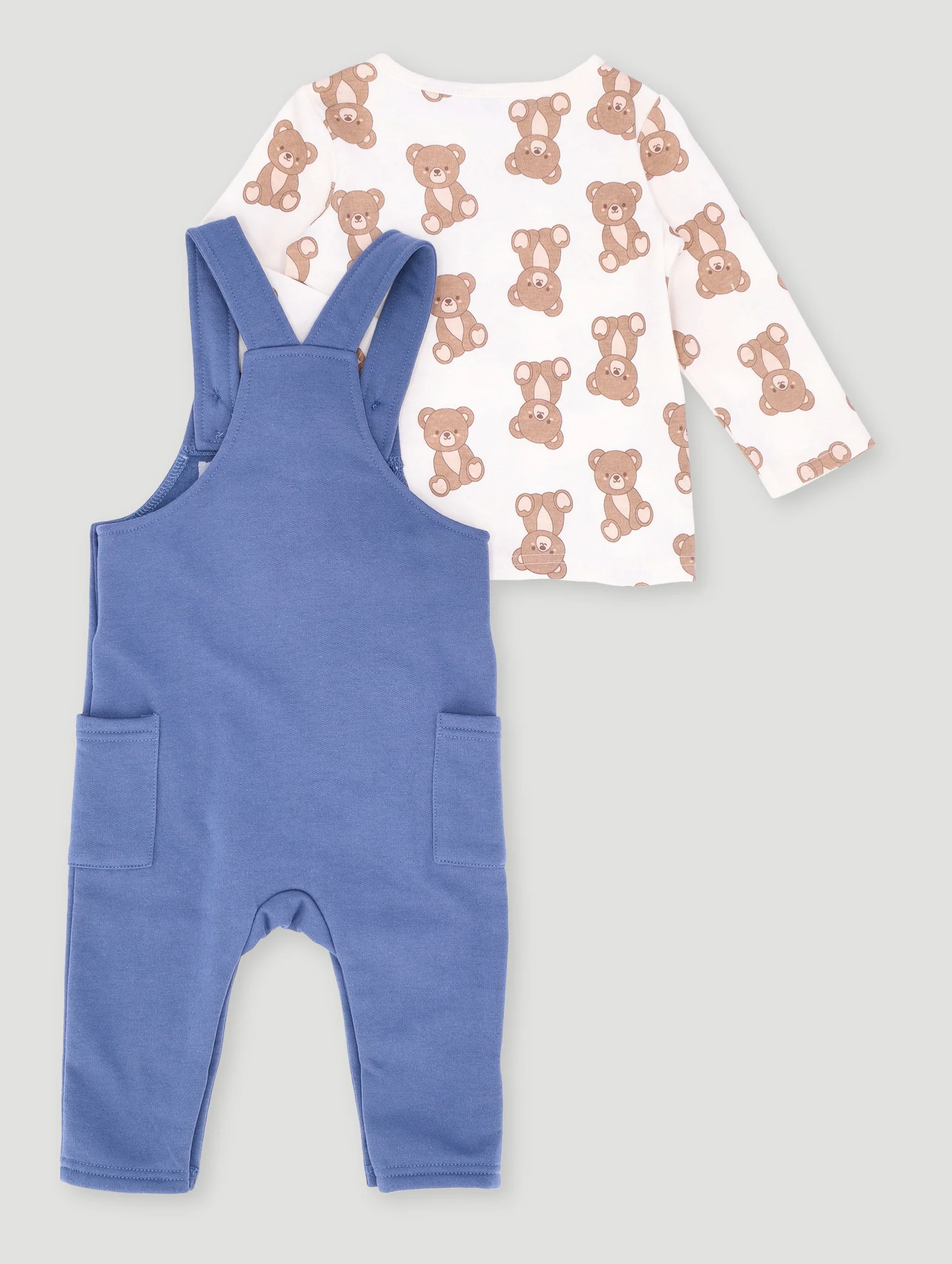 Baby Boys Brushed Fleece Bear Dungaree Set - Pale Blue - Image 2