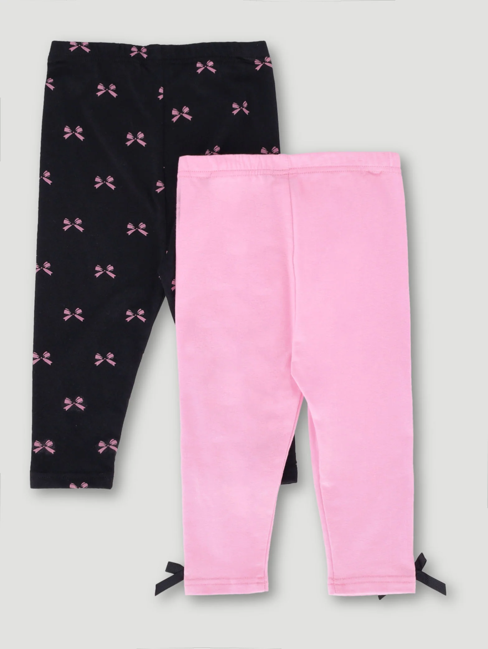 Baby Girls 2 Pack Bow Knit Leggings - Black/Pink - Image 2