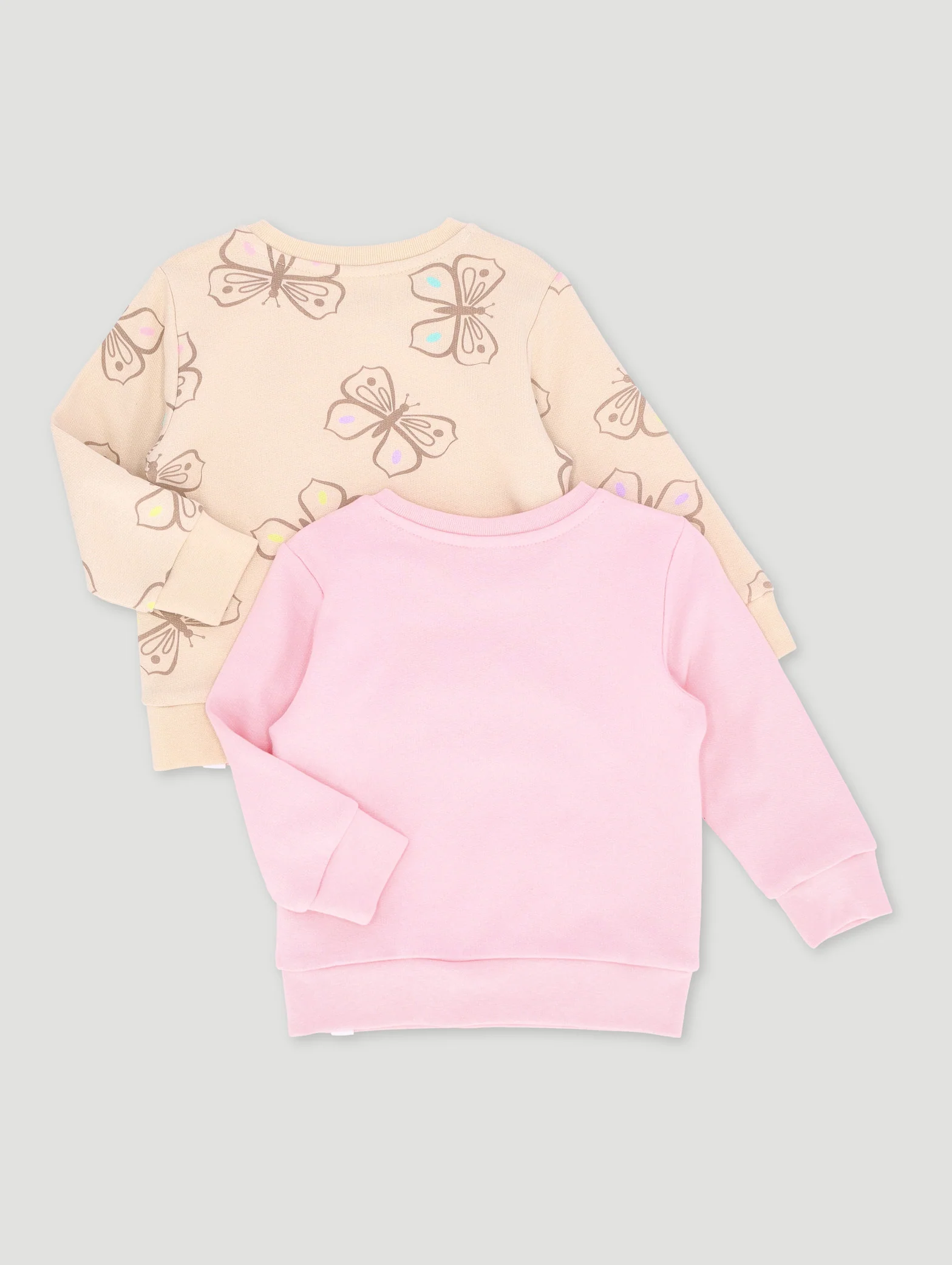 Baby Girls 2 Pack Butterfly Print Sweat Top - Brown/Pink - Image 2