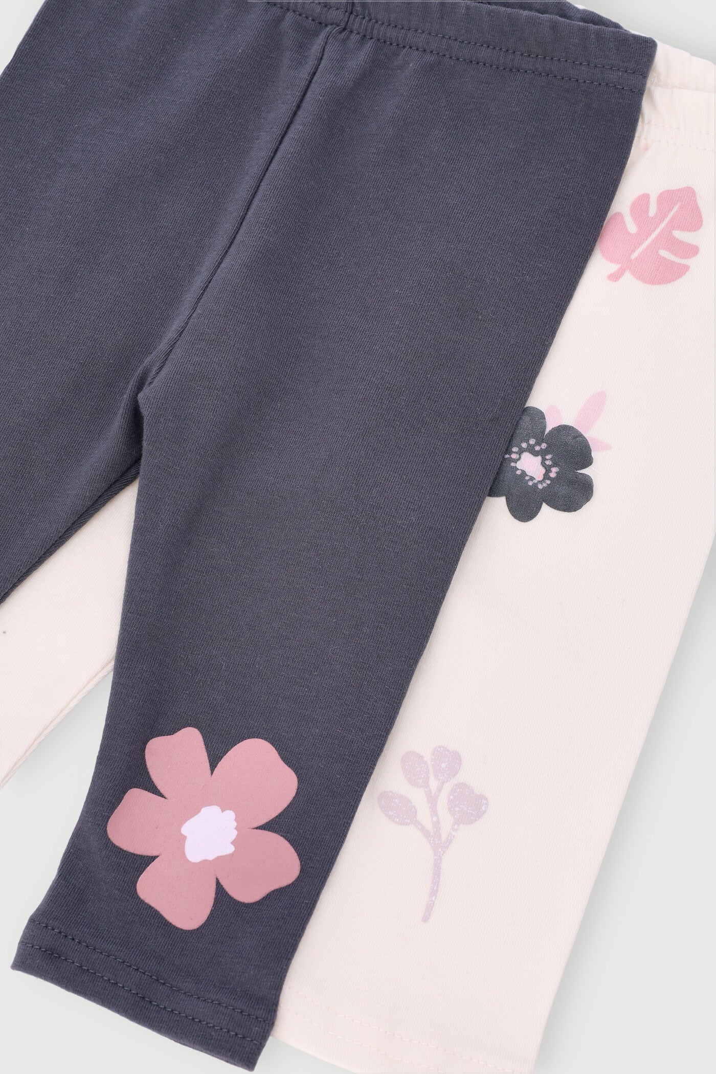 Baby Girls 2 Pack Daisy Fleece Legging - Cream/Charcoal - Image 2