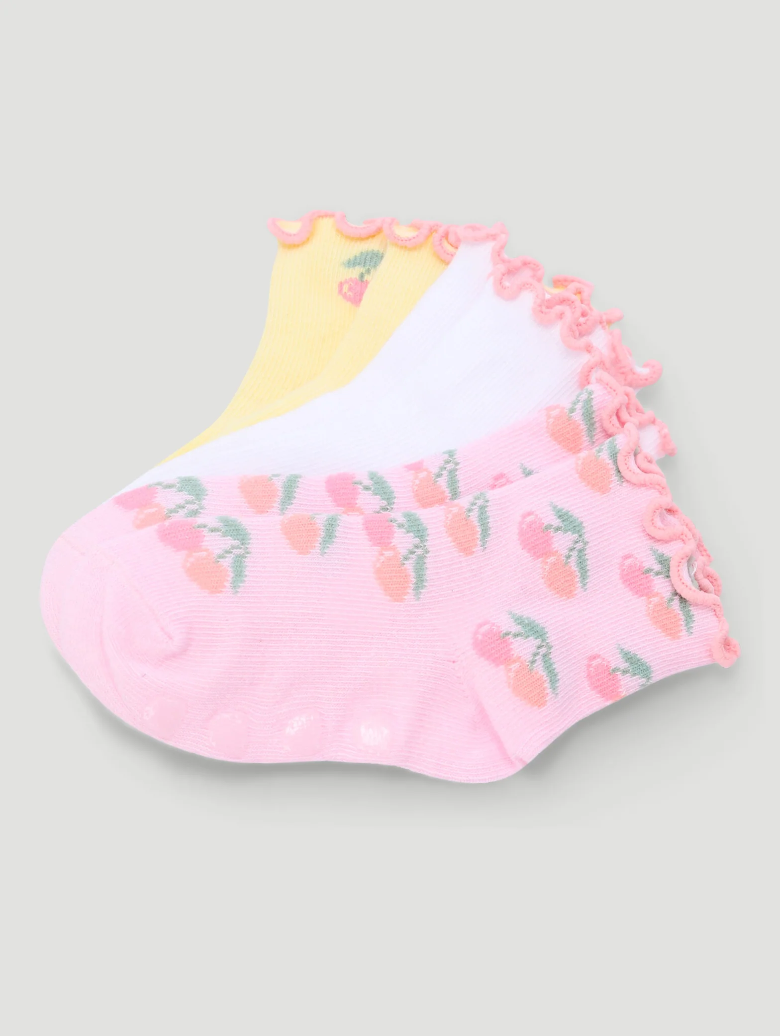 Baby Girls 3 Pack Cherry Lettuce Hem Cotton Socks - Dusty Pink/White/Yellow - Image 3