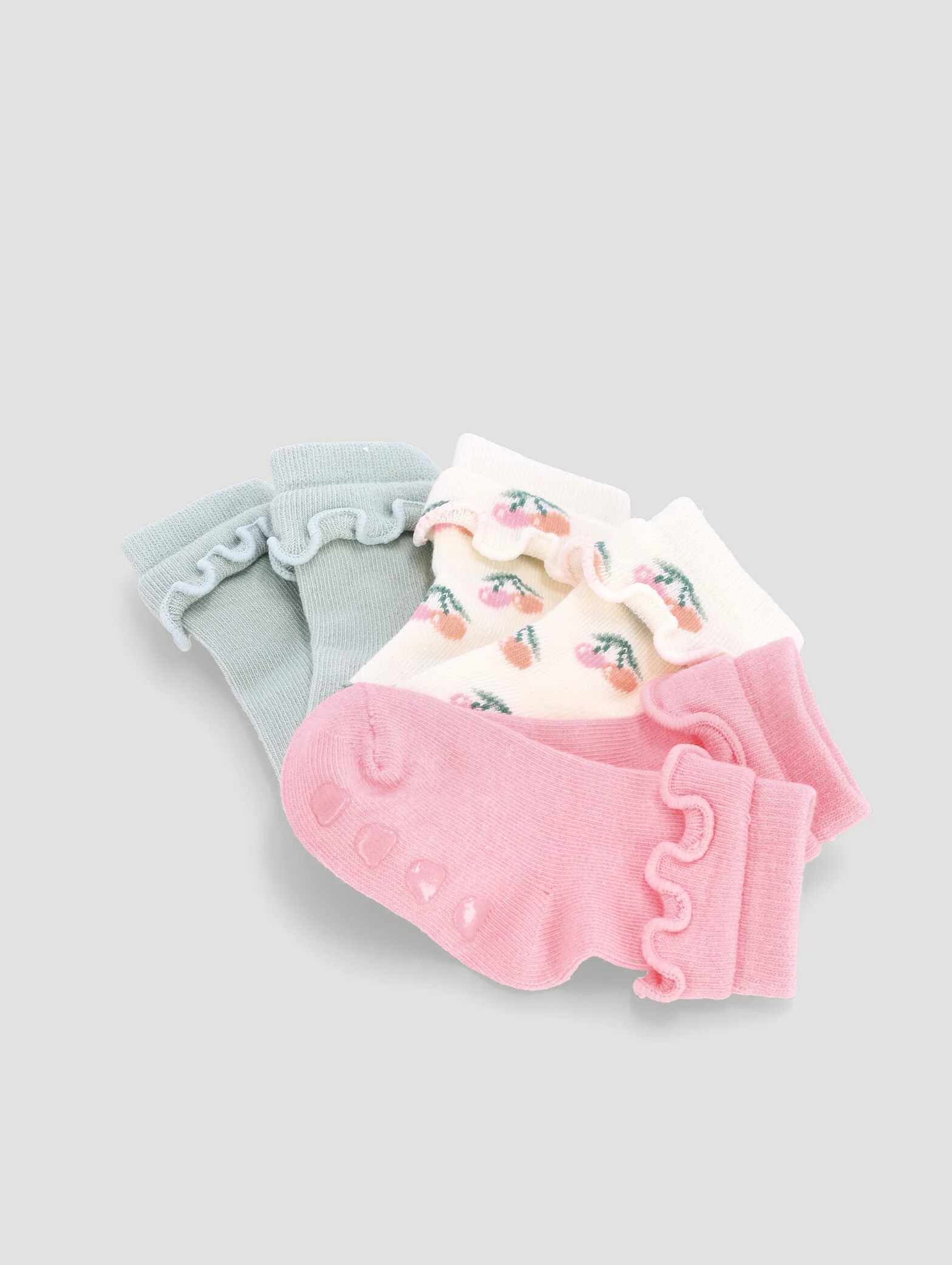 Baby Girls 3 Pack Cotton Ruffles Cherry Socks - Cream/Sage - Image 2
