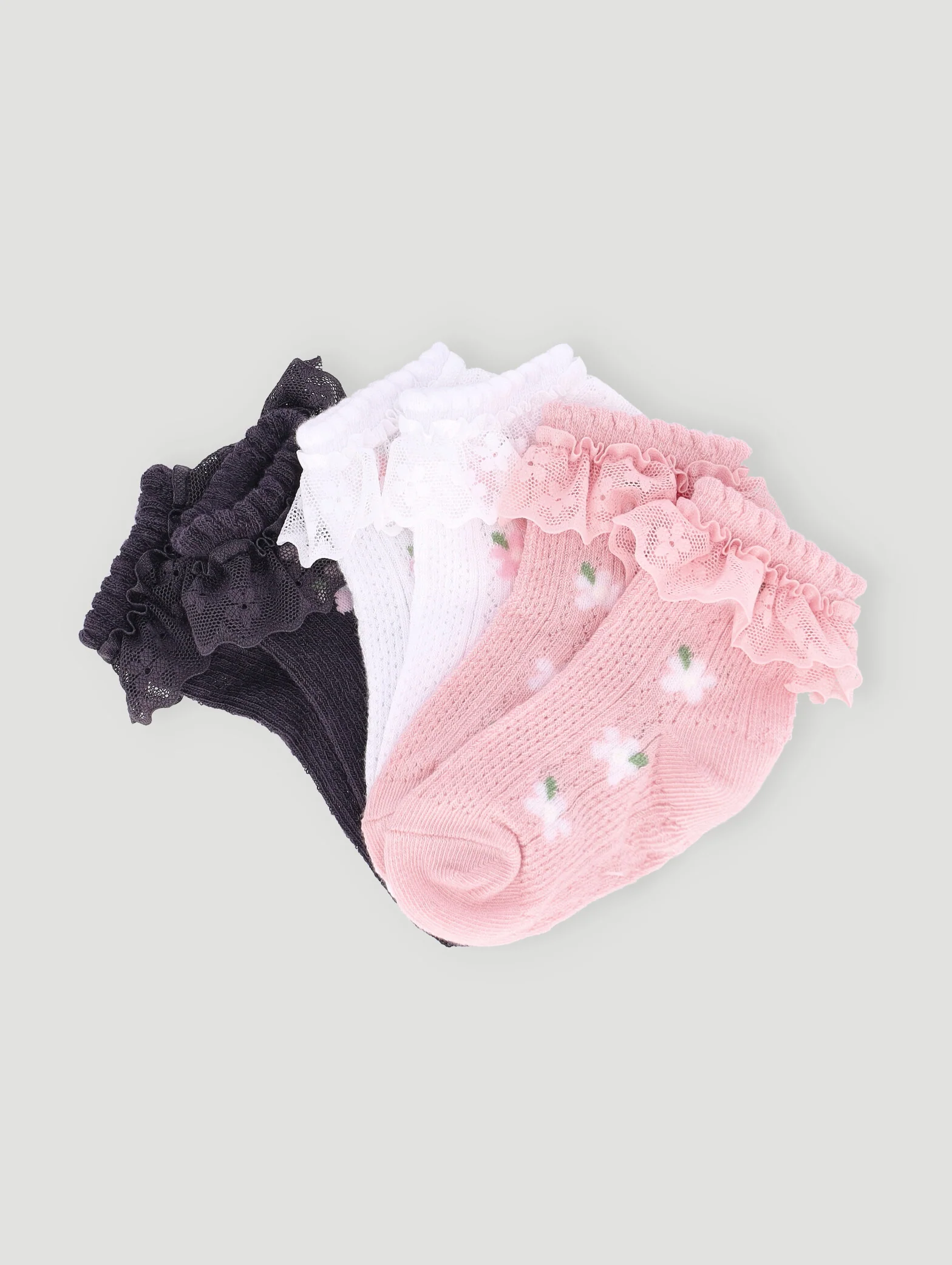 Baby Girls 3 Pack Ruffled Cotton Socks - Cream - Image 2