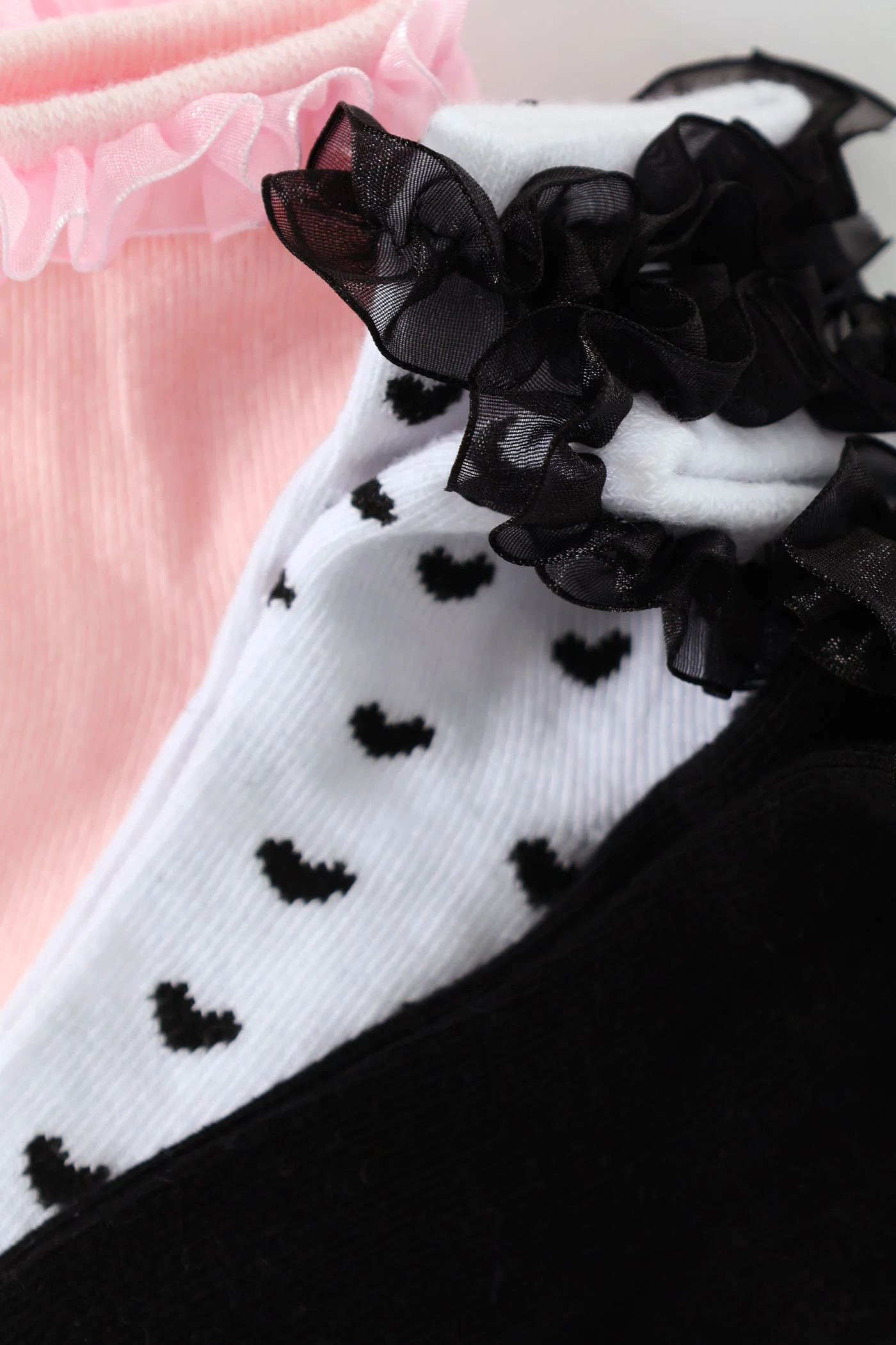Baby Girls 3 Pack Ruffled Socks - Black/White/Dusty Pink - Image 2