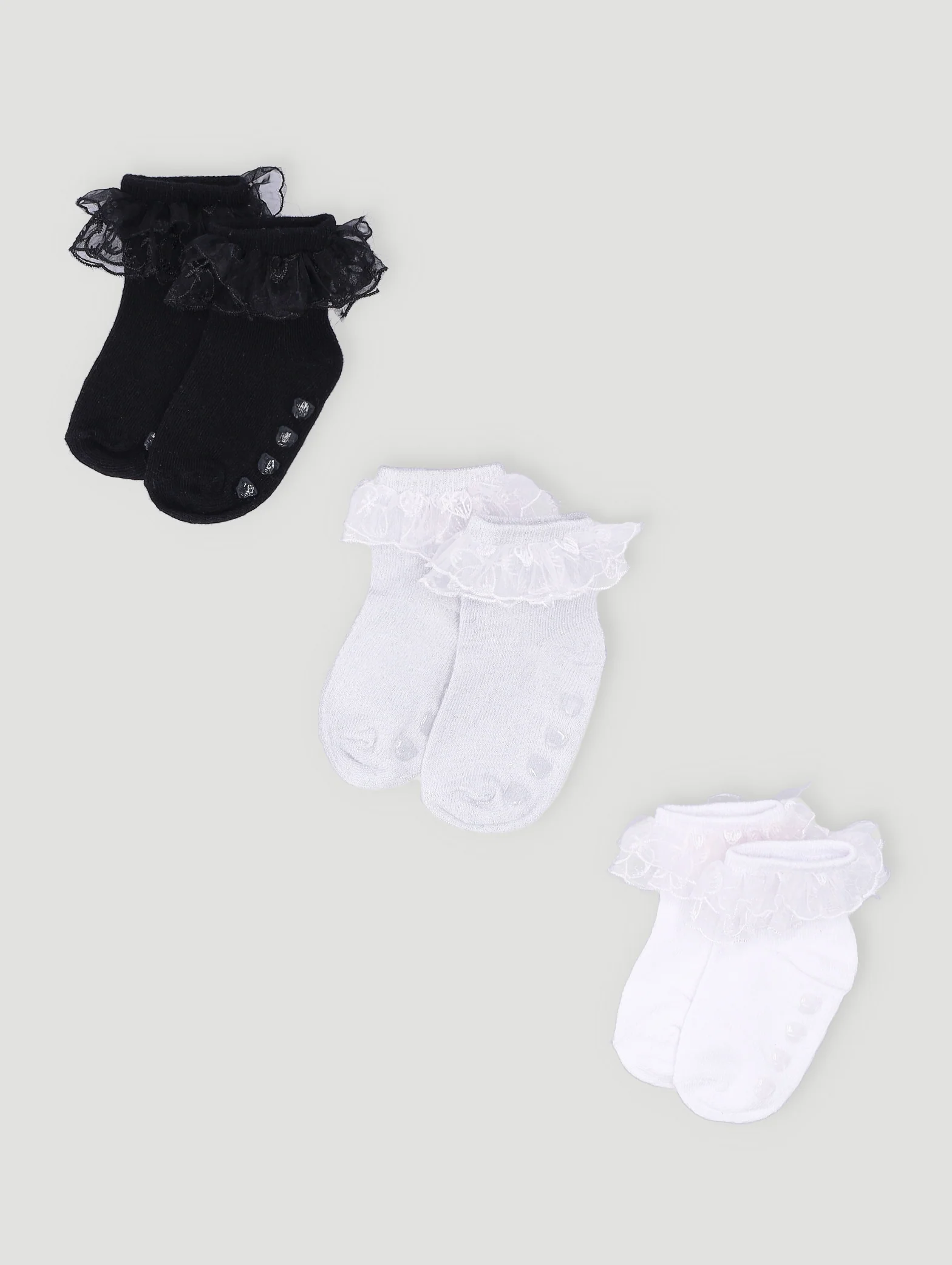 Baby Girls 3 Pack Ruffled Socks - Black/White/Shimmer Grey - Image 2