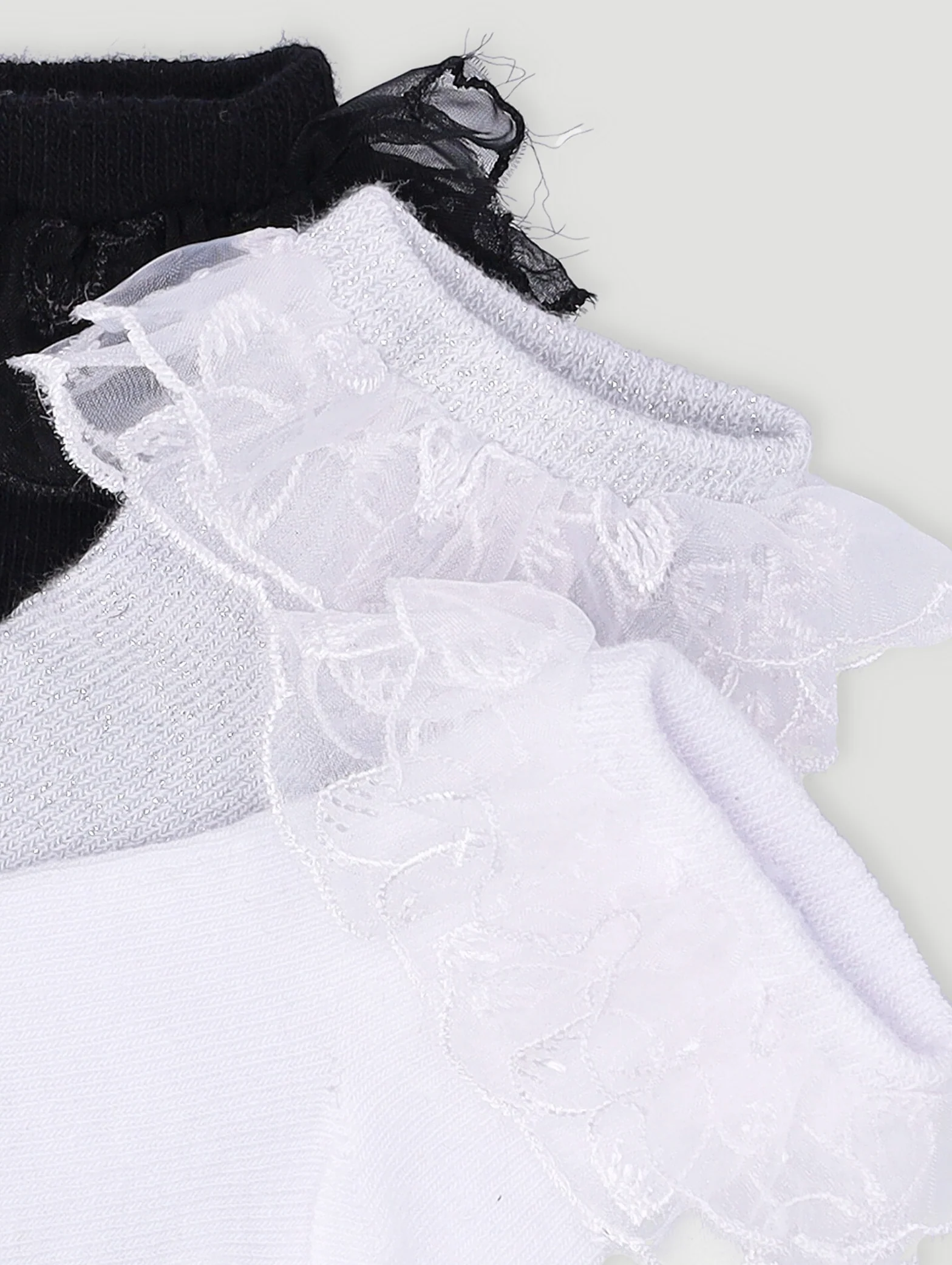 Baby Girls 3 Pack Ruffled Socks - Black/White/Shimmer Grey - Image 3