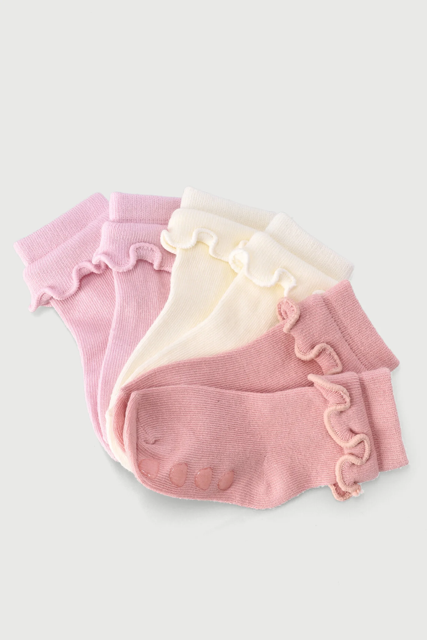 Baby Girls 3 Pack Ruffles Cotton Socks - Dusty Pink/Cream/Nude - Image 2