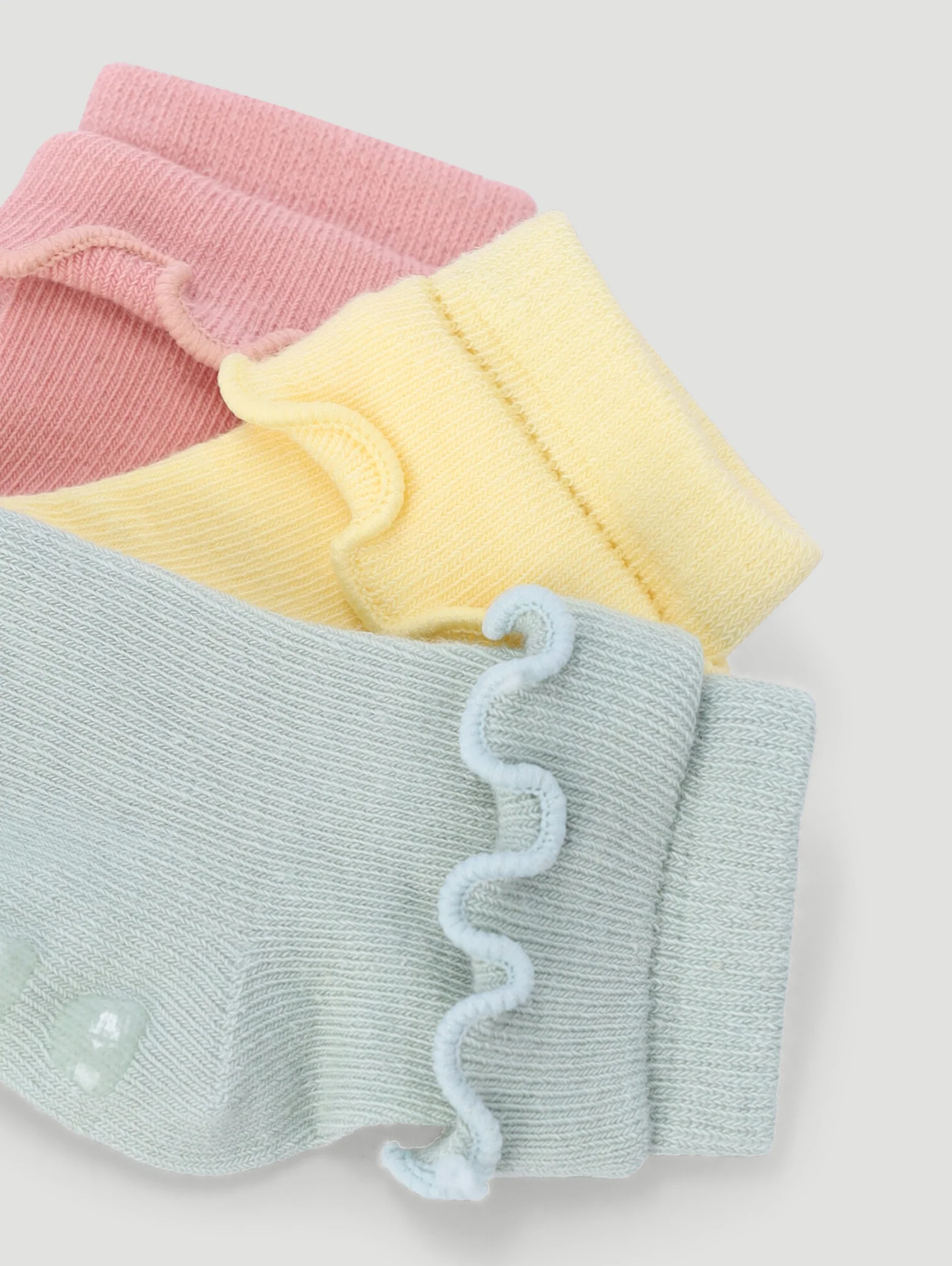 Baby Girls 3 Pack Ruffles Cotton Socks - Dusty Pink/Grey/Yellow - Image 2