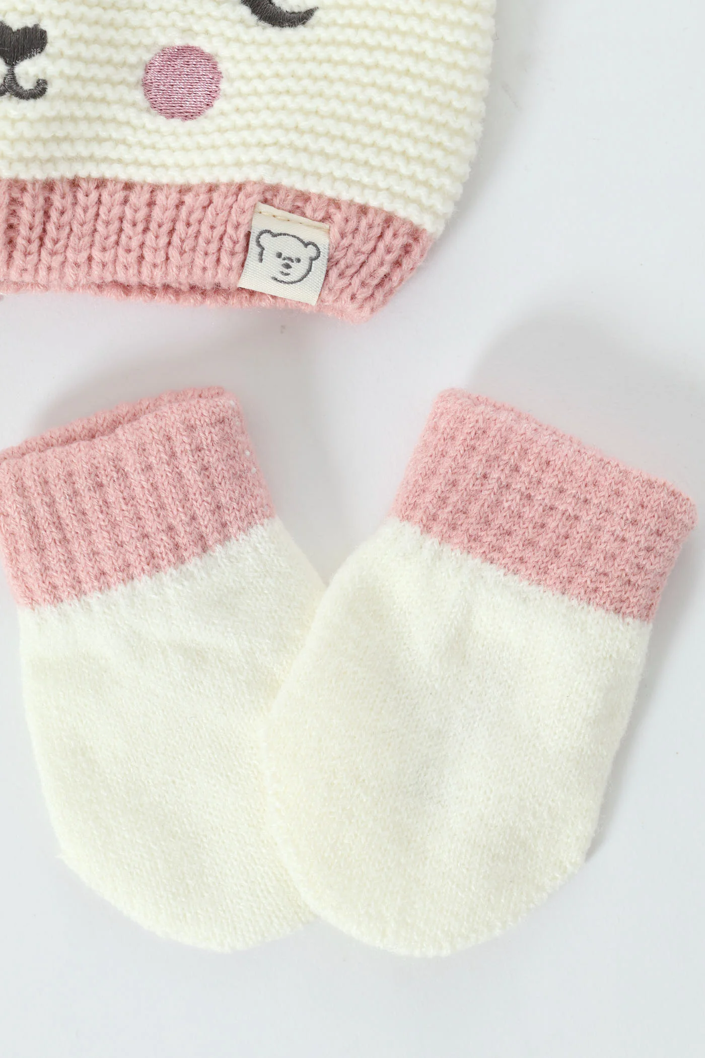 Baby Girls Bear Beanie & Mittens Set - Cream - Image 3
