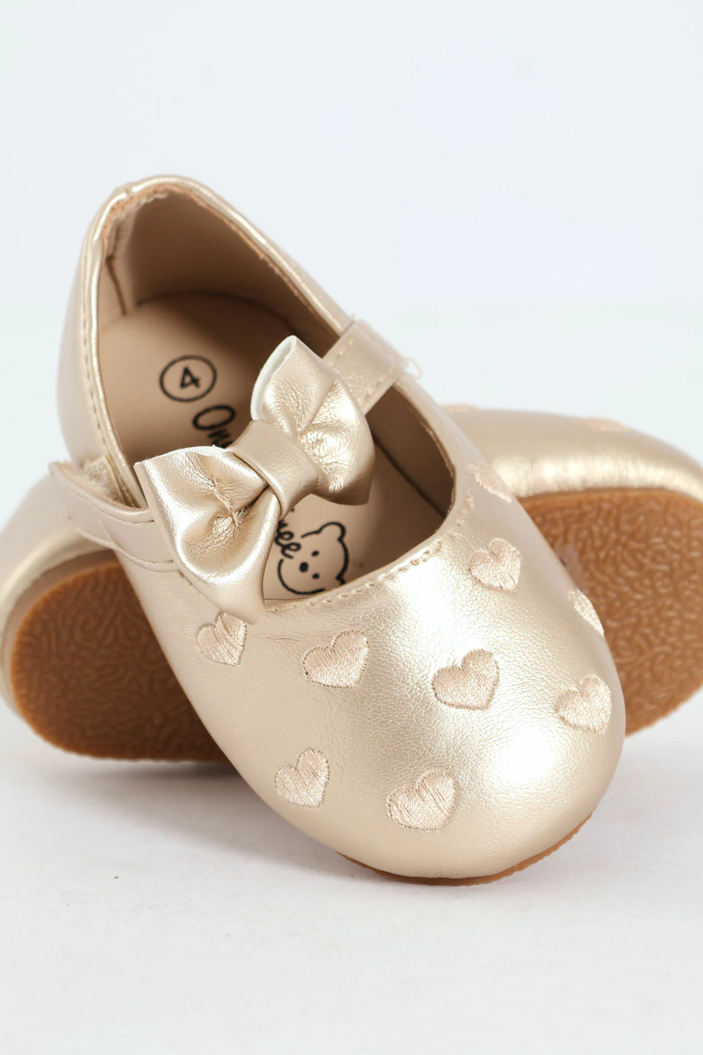 Baby Girls Bow & Embroidered Hearts Pump - Matte Gold - Image 2