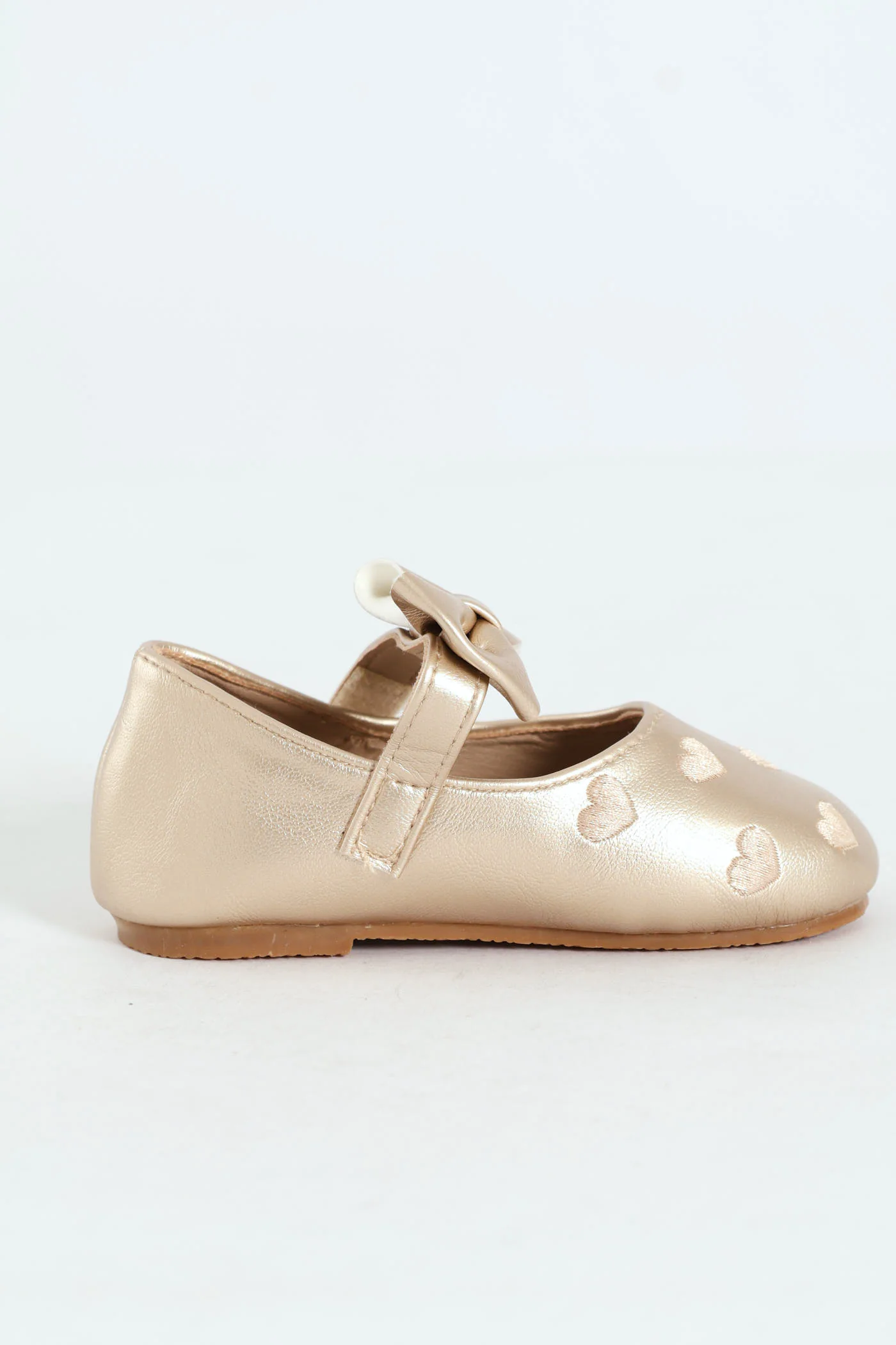 Baby Girls Bow & Embroidered Hearts Pump - Matte Gold - Image 3