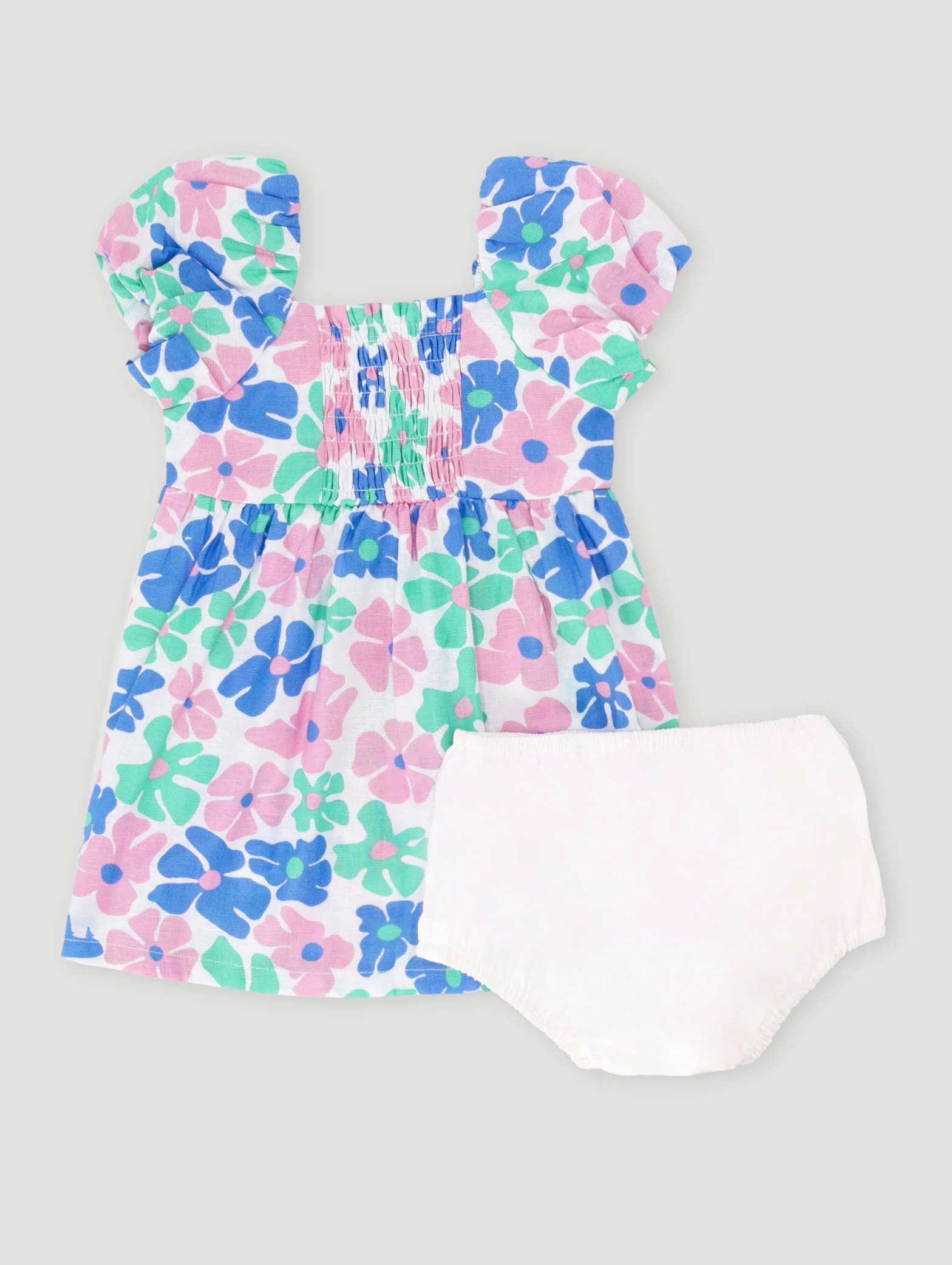 Baby Girls Bubble Sleeve Floral Print Dress - Blue - Image 2