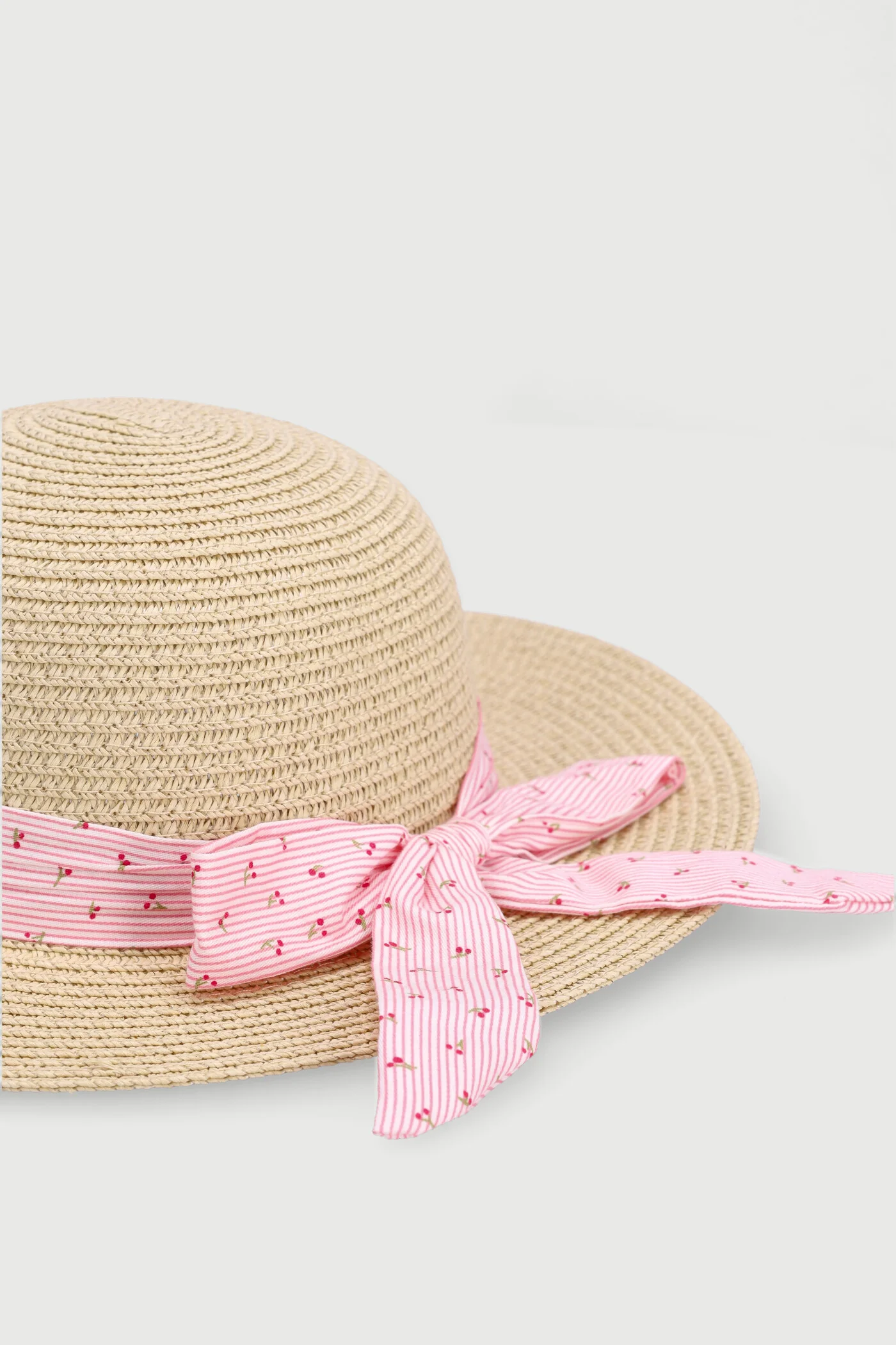 Baby Girls Cherry Bow Straw Hat - Beige - Image 2