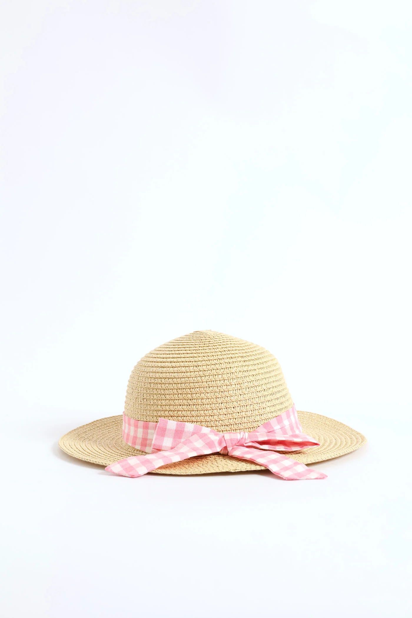 Baby Girls Gingham Bow Straw Hat - Tan - Image 2
