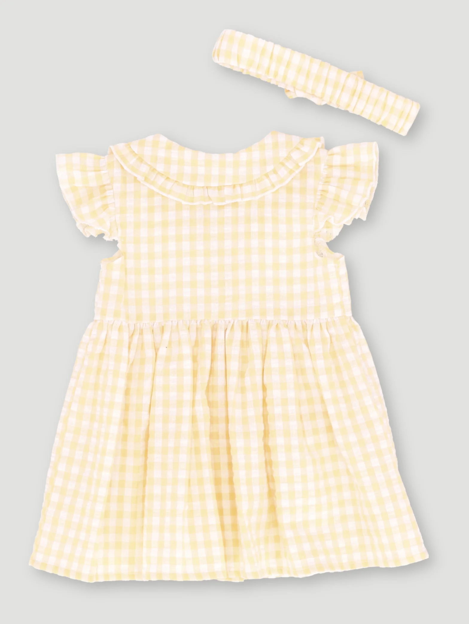 Baby Girls Gingham Woven Dress With Headband - Light Yellow - Image 2