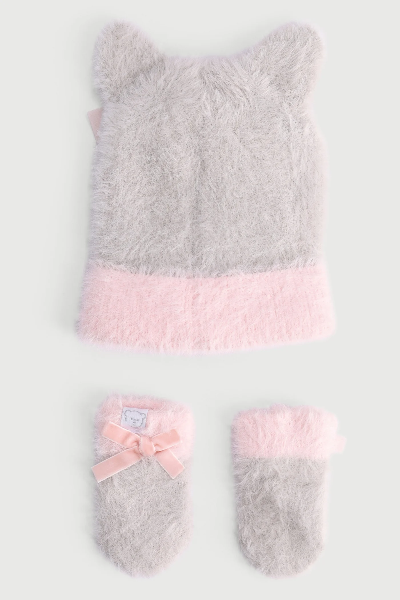 Baby Girls Novelty Bow Beanie & Mitten Set - Grey - Image 2