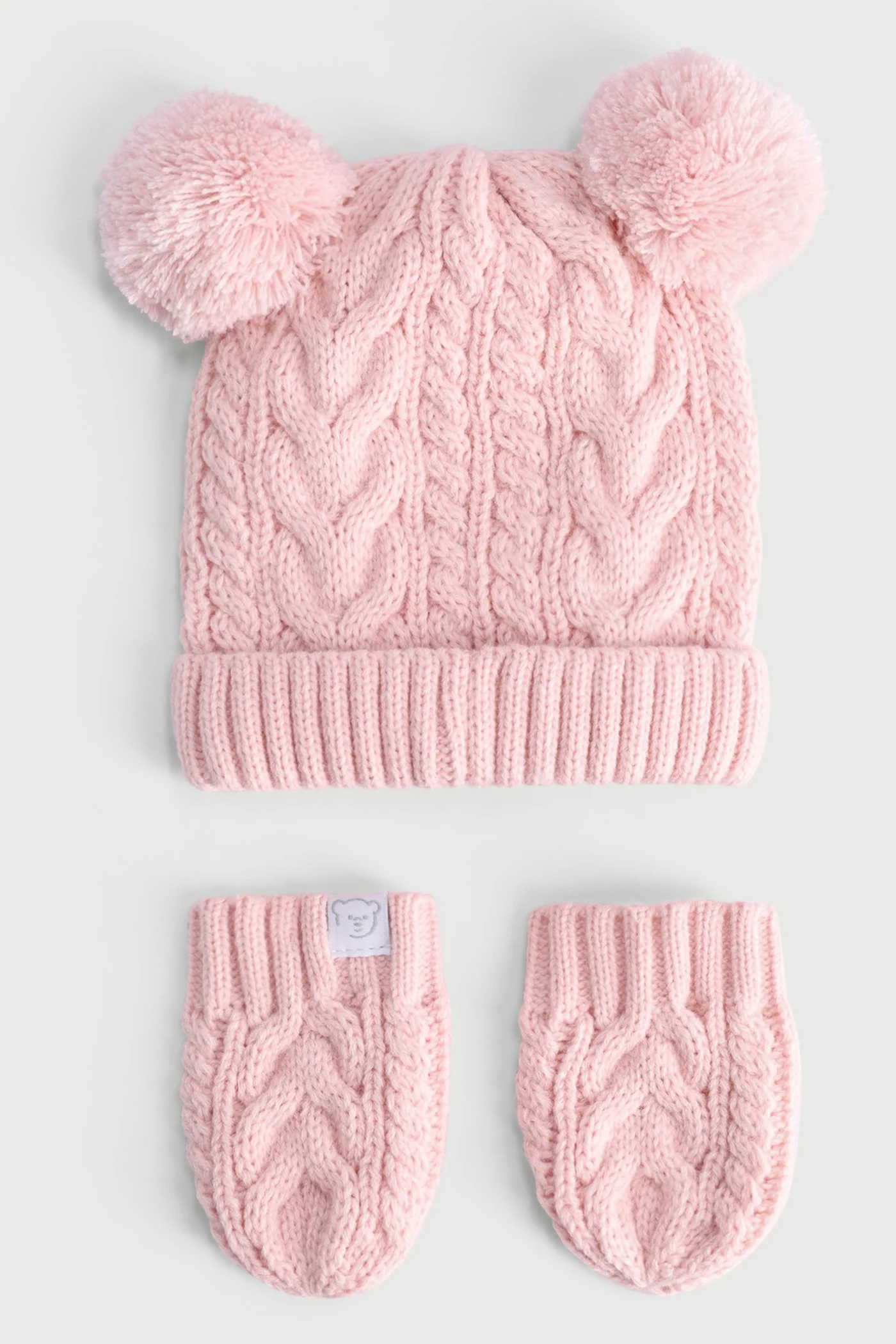 Baby Girls Pom Pom Beanie & Mittens Set - Pastel Pink - Image 2