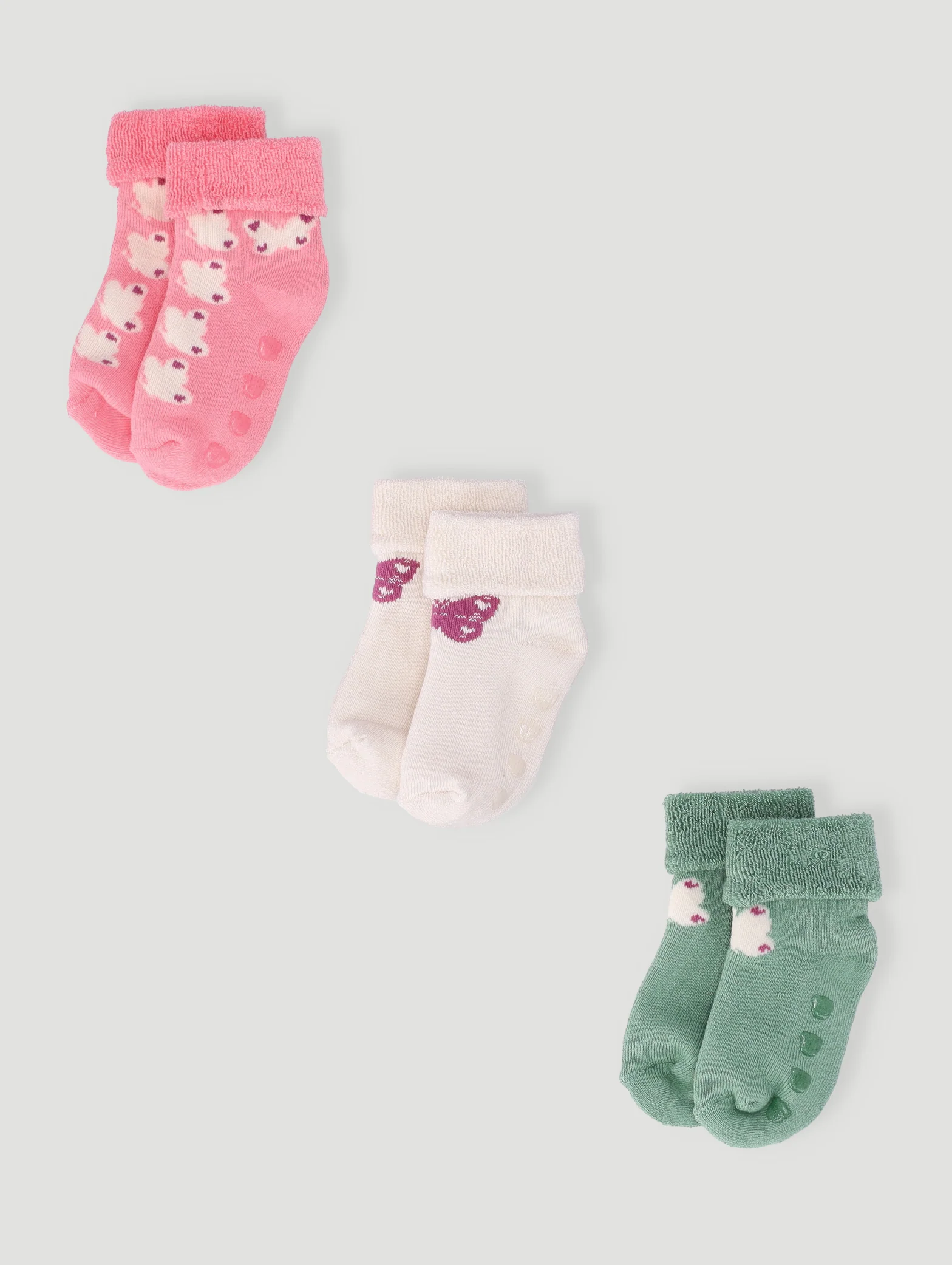 Baby Girls 3 Pack Butterfly Toweling Socks - Cream/White/Pink - Image 3