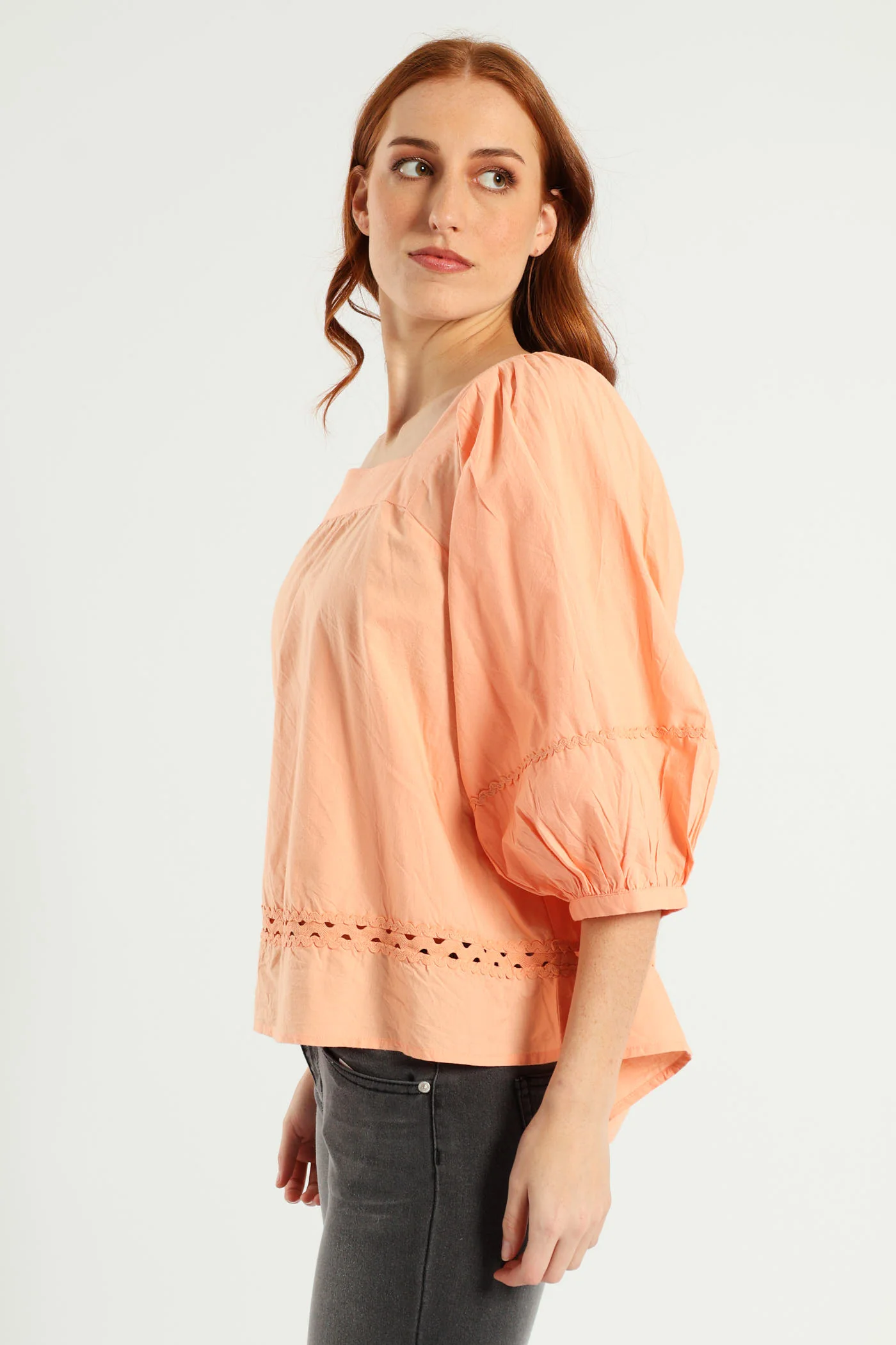 Balloon Sleeve Rick-Rack Detail Square Neck Blouse - Light Coral - Image 3